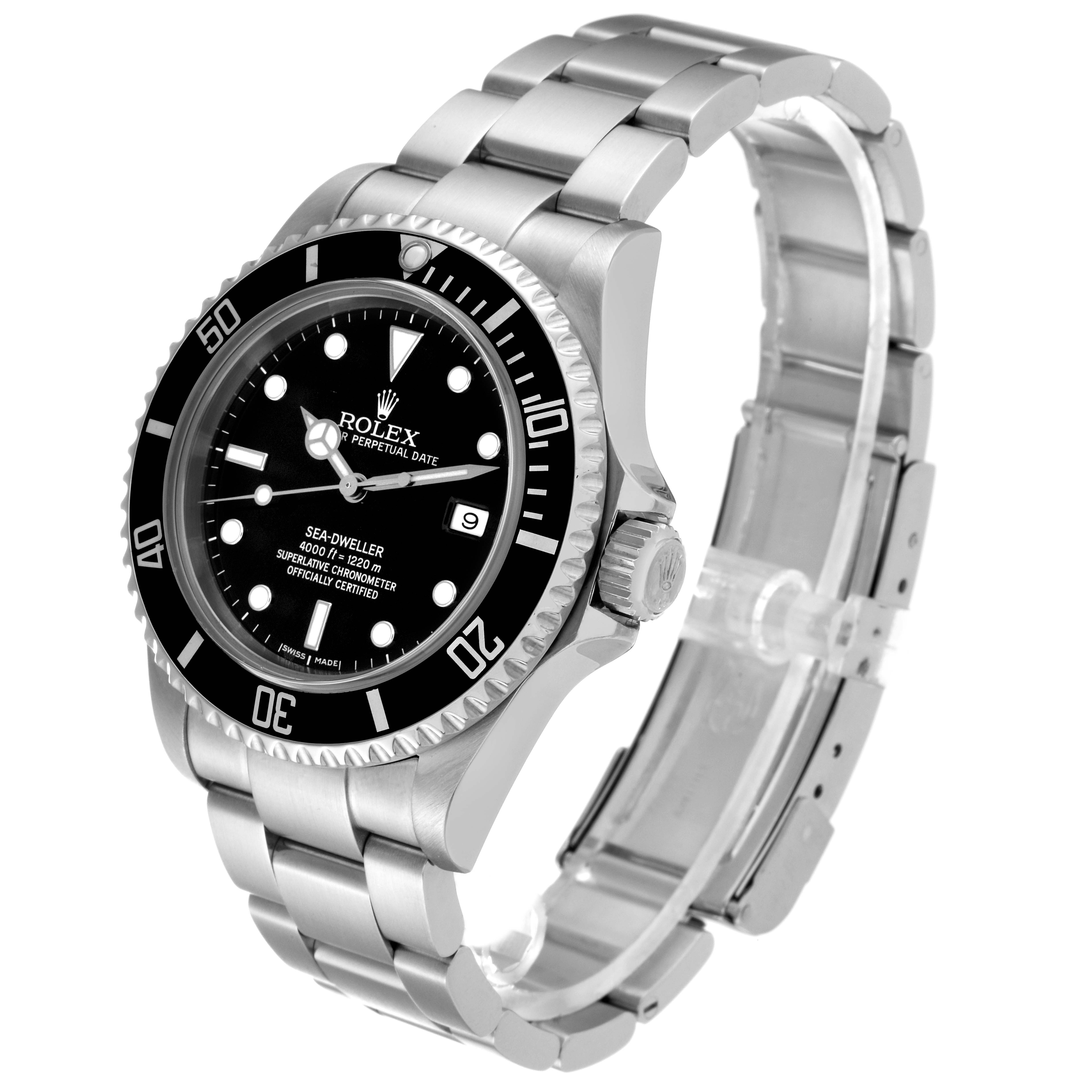 The image shows a side-angle view of a Rolex Sea-Dweller 16600 Men
s Stainless Steel Black Dial 16600 Men
s Stainless Steel Black Dial watch, highlighting the bezel, crown, dial, and bracelet.