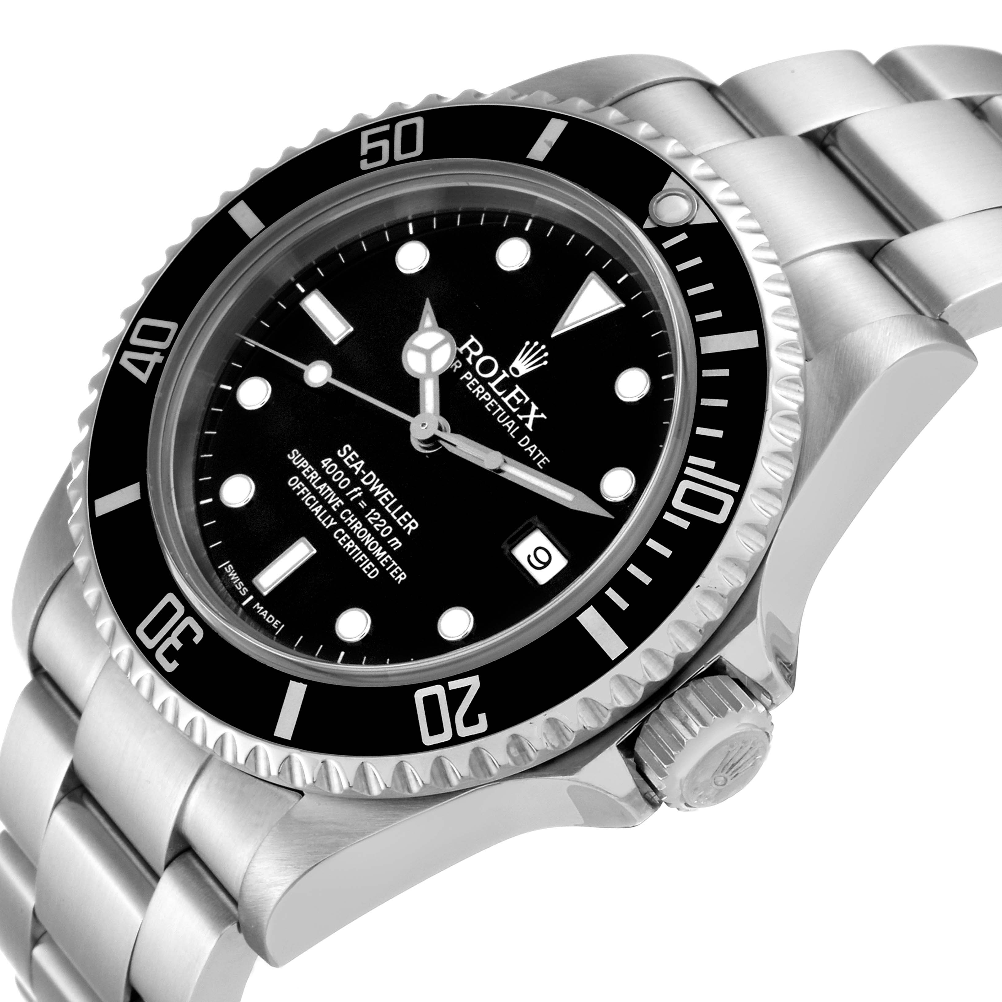 The image shows a Rolex Sea-Dweller 16600 Men
s Stainless Steel Black Dial 16600 Men
s Stainless Steel Black Dial watch at an angled view, highlighting the bezel, dial, crown, and part of the bracelet.