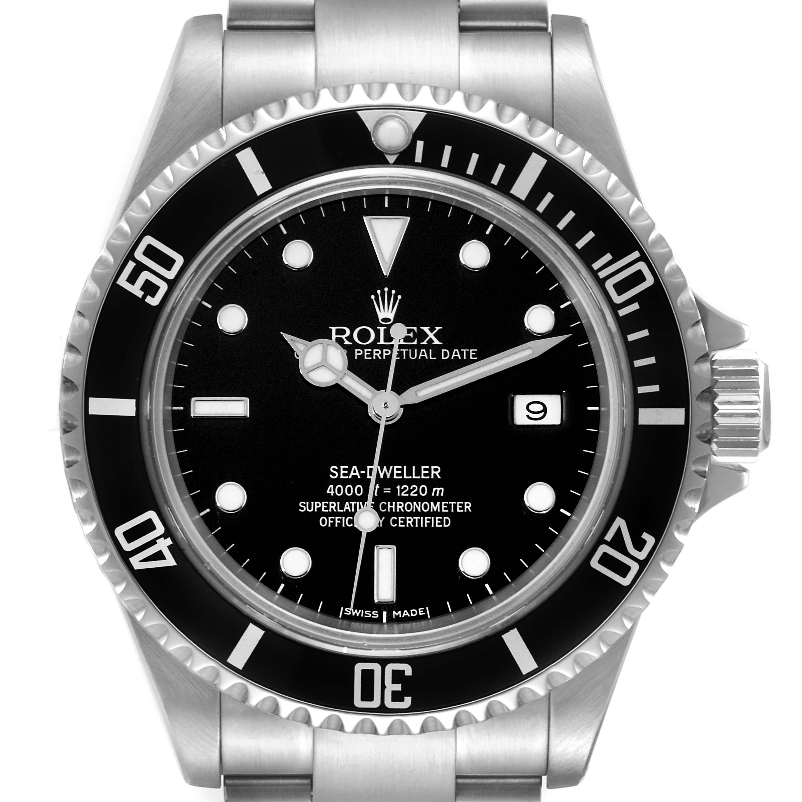 This image shows a front view of the Rolex Sea-Dweller 16600 Men
s Stainless Steel Black Dial 16600 Men
s Stainless Steel Black Dial watch, displaying its face, bezel, crown, and part of its bracelet.
