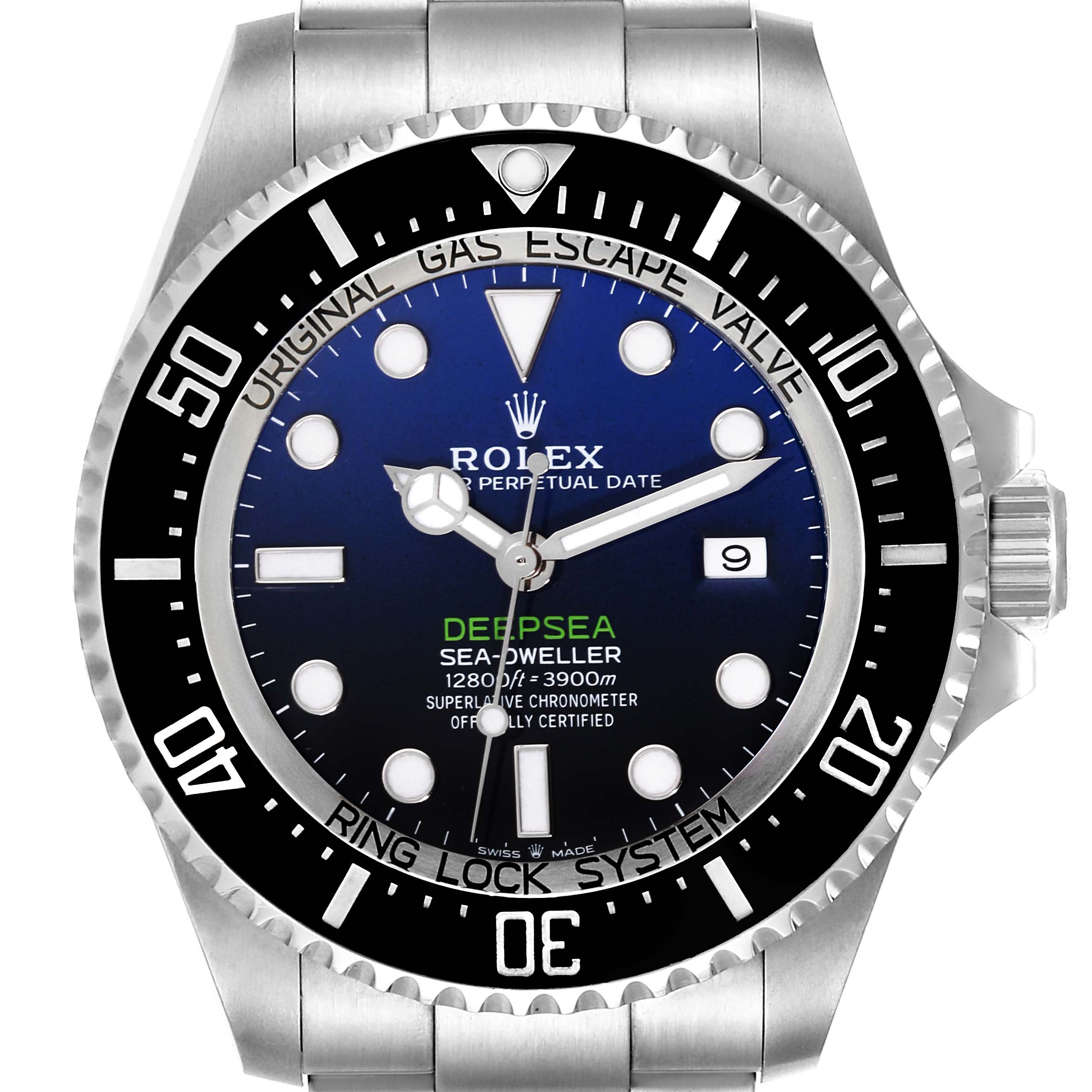 The image shows a front view of the Rolex Sea-Dweller 126660 Men
s Stainless Steel Black Dial 126660 Men
s Stainless Steel Black Dial watch, highlighting the dial, bezel, and part of the bracelet.