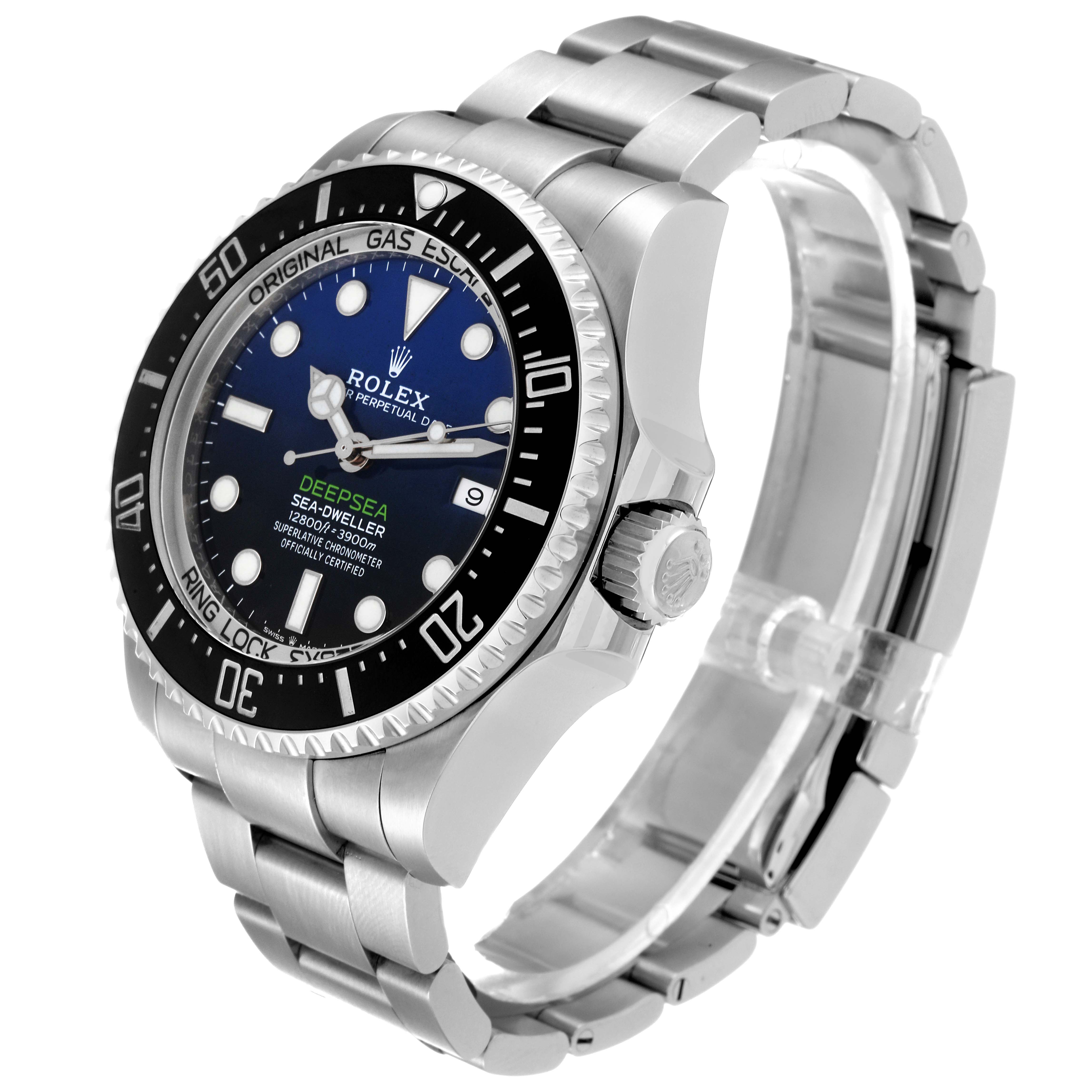 The image shows a Rolex Sea-Dweller 126660 Men
s Stainless Steel Black Dial 126660 Men
s Stainless Steel Black Dial Deepsea model watch angled to display the face, bezel, crown, and part of the bracelet.