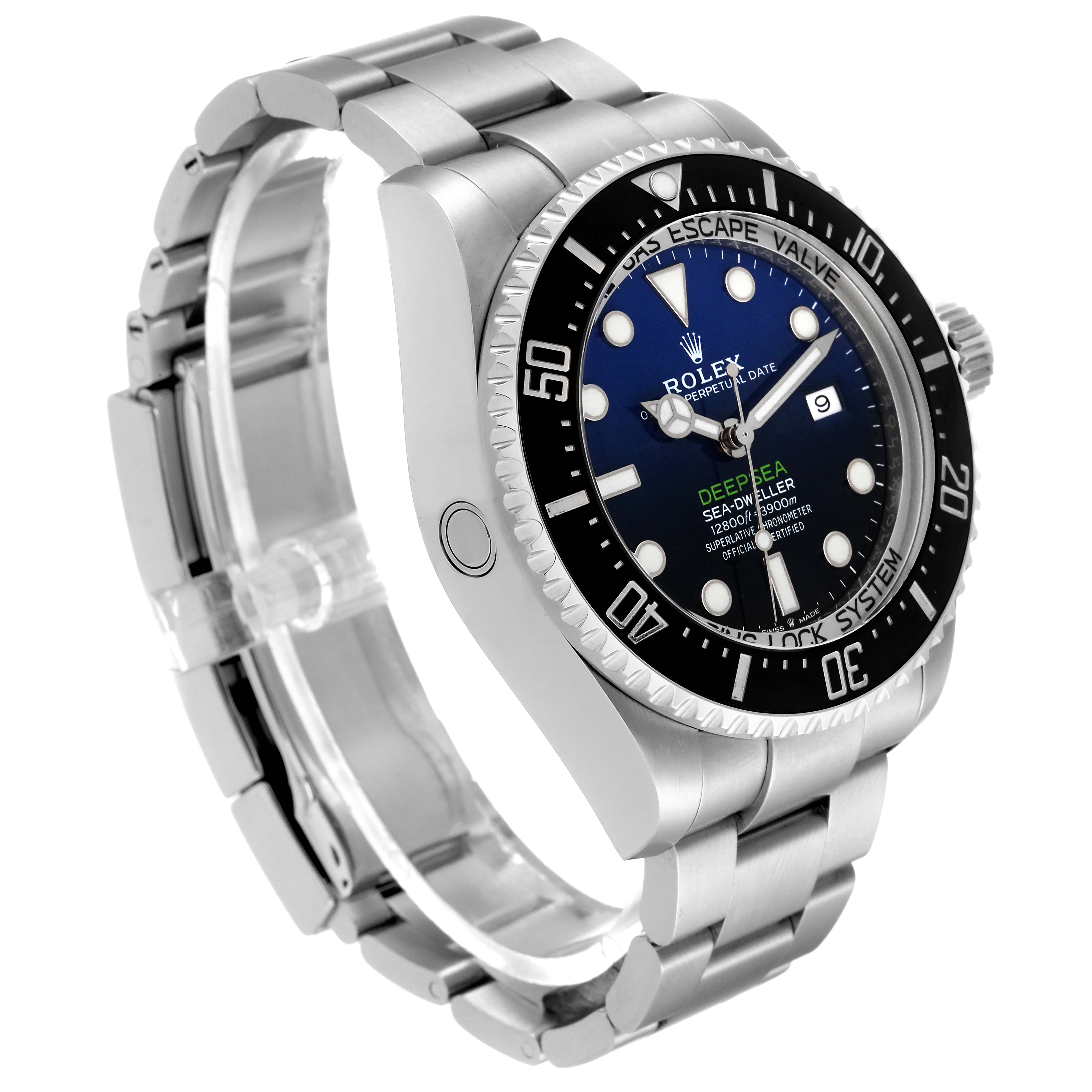 The image shows a side view of the Rolex Sea-Dweller 126660 Men
s Stainless Steel Black Dial 126660 Men
s Stainless Steel Black Dial watch, highlighting its bezel, dial, and bracelet.