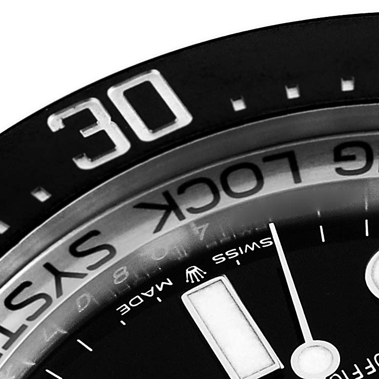 The close-up angle shows the bezel and part of the dial of the Rolex Sea-Dweller 126660 Men
s Stainless Steel Black Dial 126660 Men
s Stainless Steel Black Dial watch, including the "30" marker and "RING LOCK SYSTEM" text.