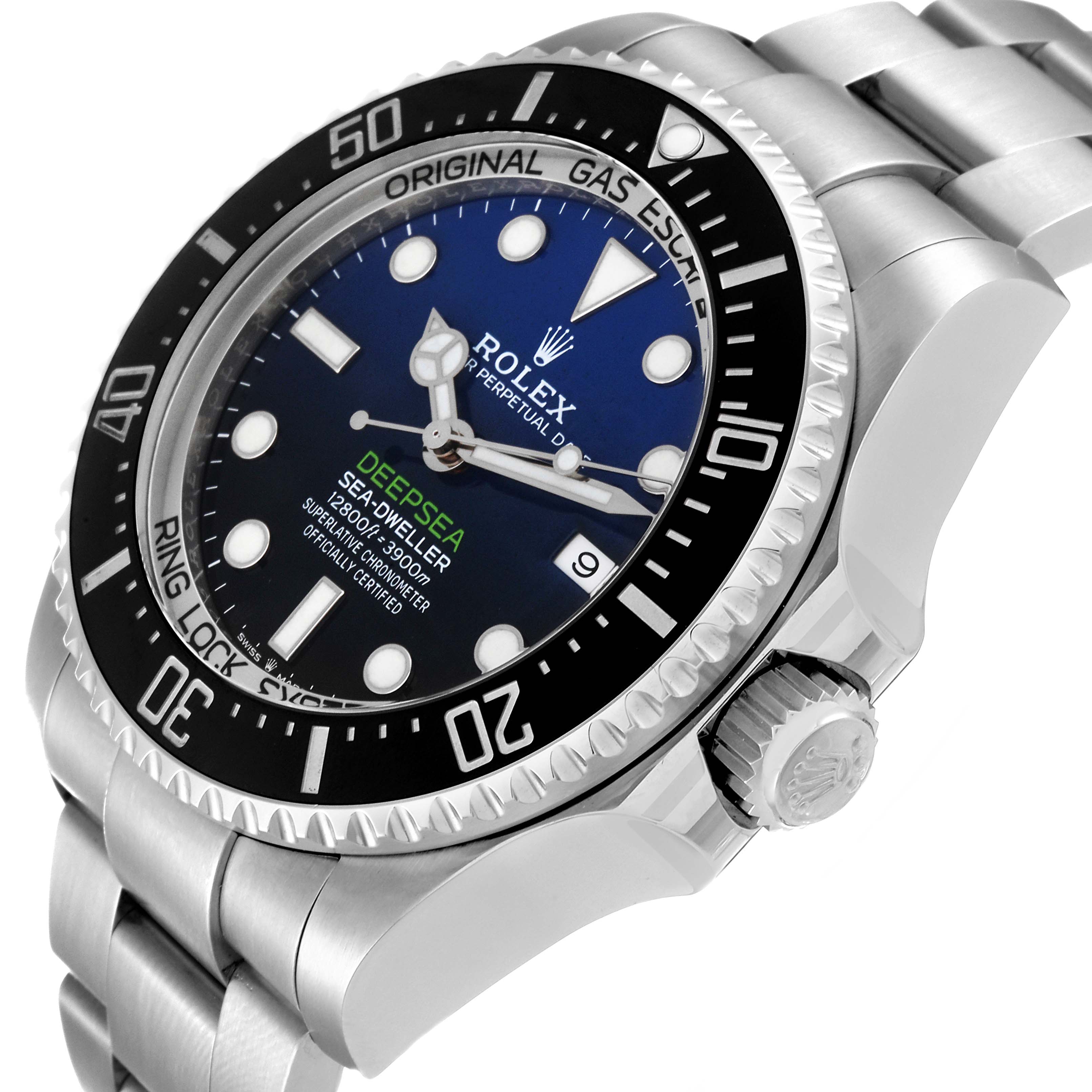 The image shows a side view of the Rolex Sea-Dweller 126660 Men
s Stainless Steel Black Dial 126660 Men
s Stainless Steel Black Dial watch, highlighting the bezel, dial, bracelet, and crown.