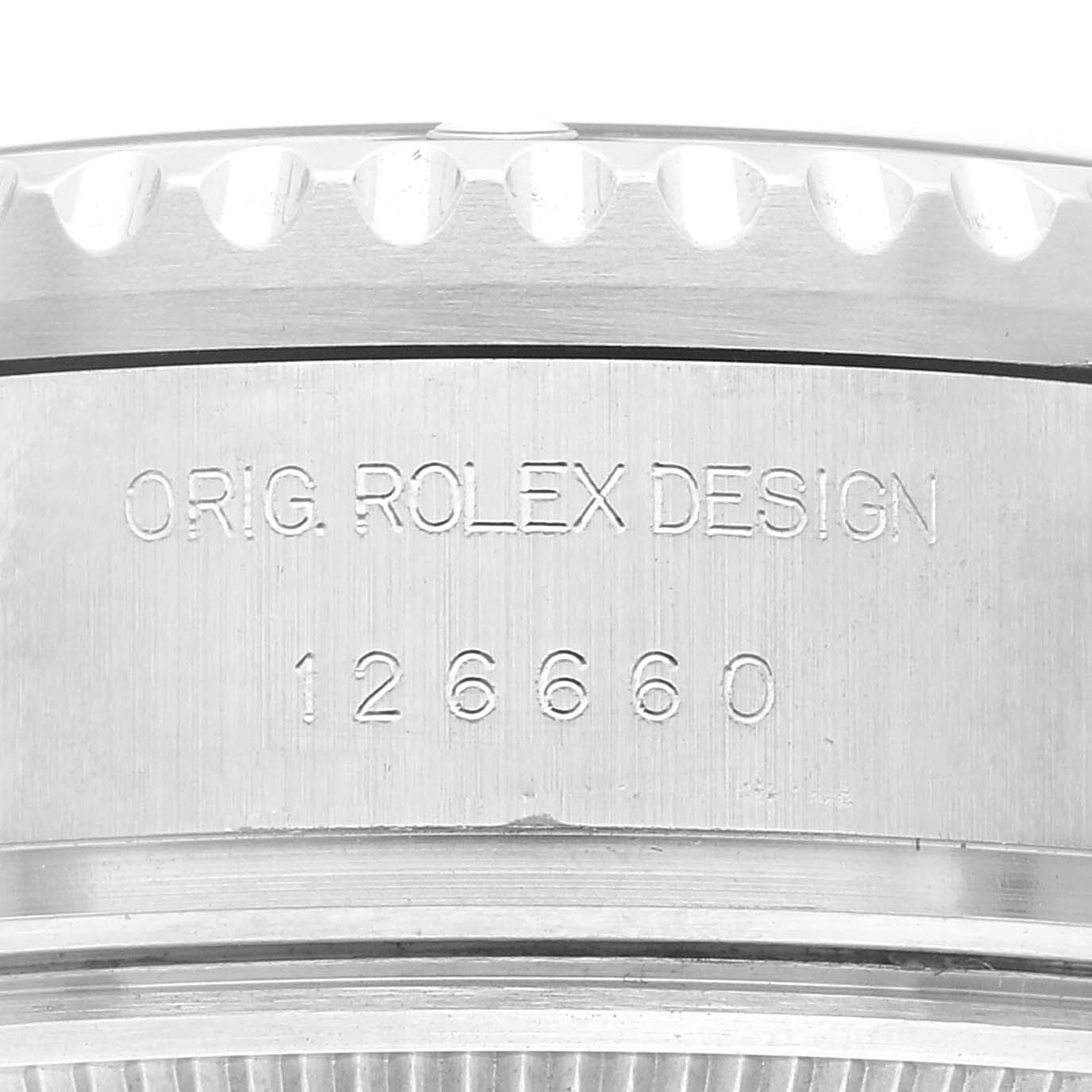 This image displays a close-up angle of the case back plate and model number of the Rolex Sea-Dweller 126660 Men
s Stainless Steel Black Dial 126660 Men
s Stainless Steel Black Dial watch.