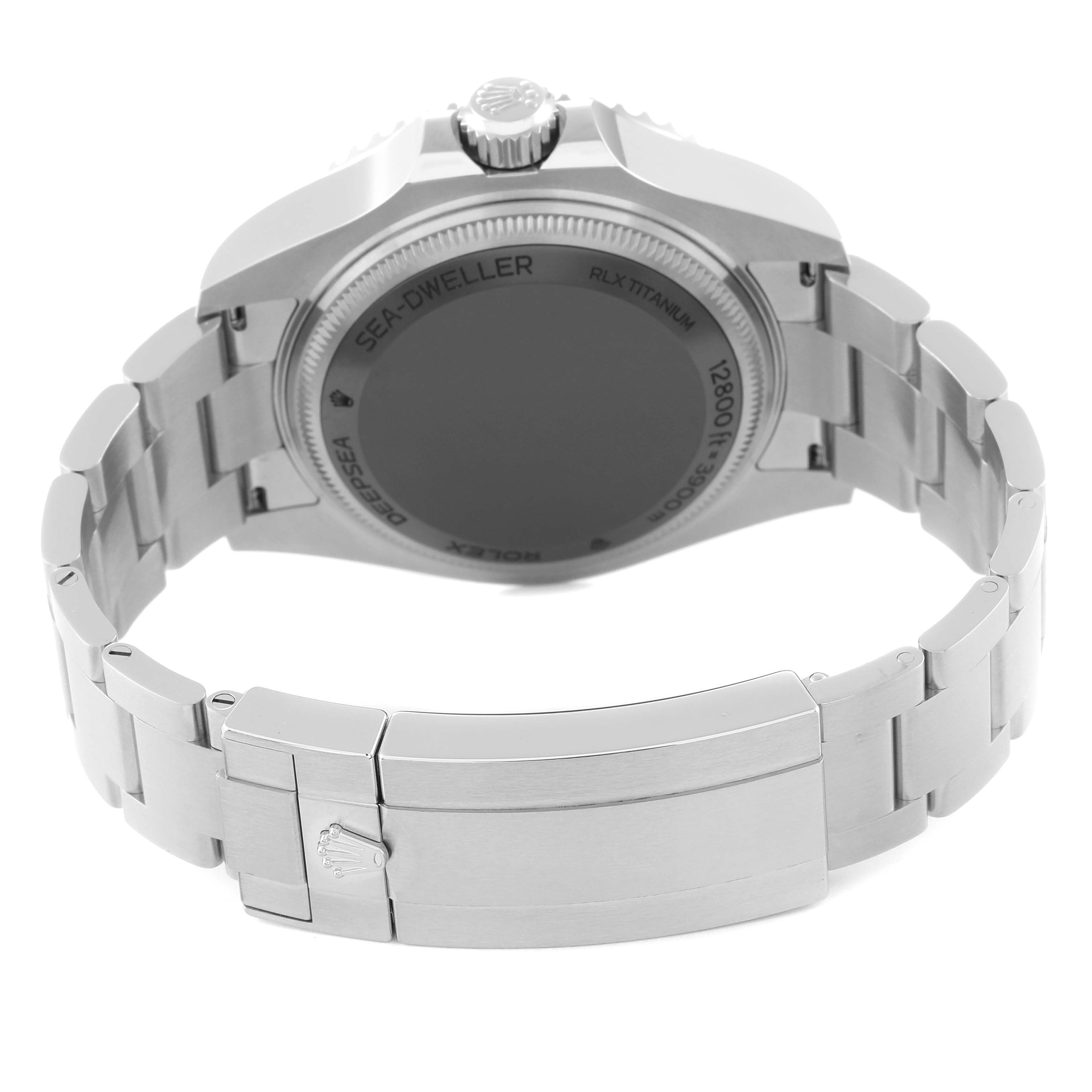 This image shows the back of a Rolex Sea-Dweller 136660 Men
s Stainless Steel Blue Dial 136660 Men
s Stainless Steel Blue Dial watch, highlighting the clasp and case back.