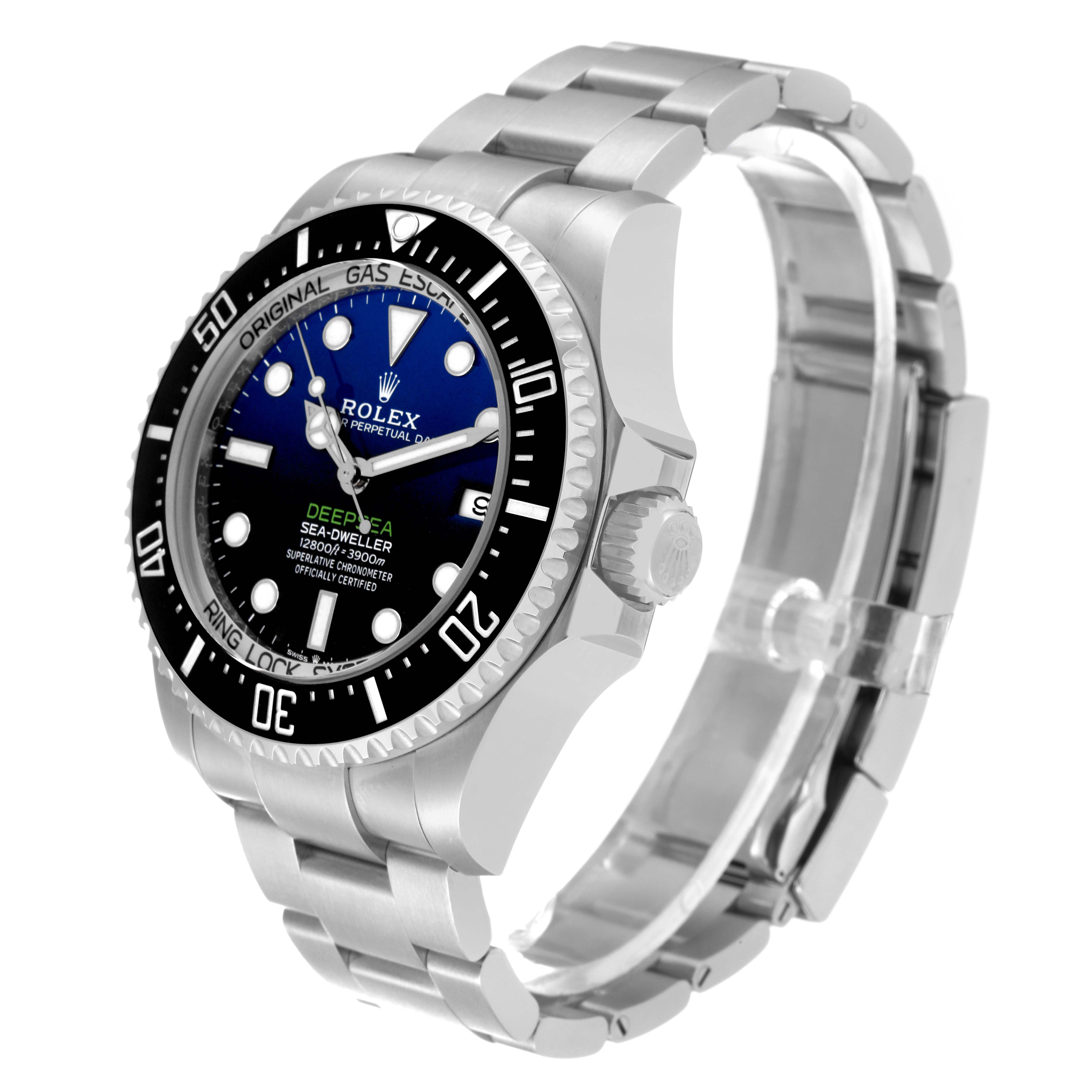 The image shows a side and slightly angled view of the Rolex Sea-Dweller 136660 Men
s Stainless Steel Blue Dial 136660 Men
s Stainless Steel Blue Dial watch, displaying its face, bezel, crown, and bracelet.
