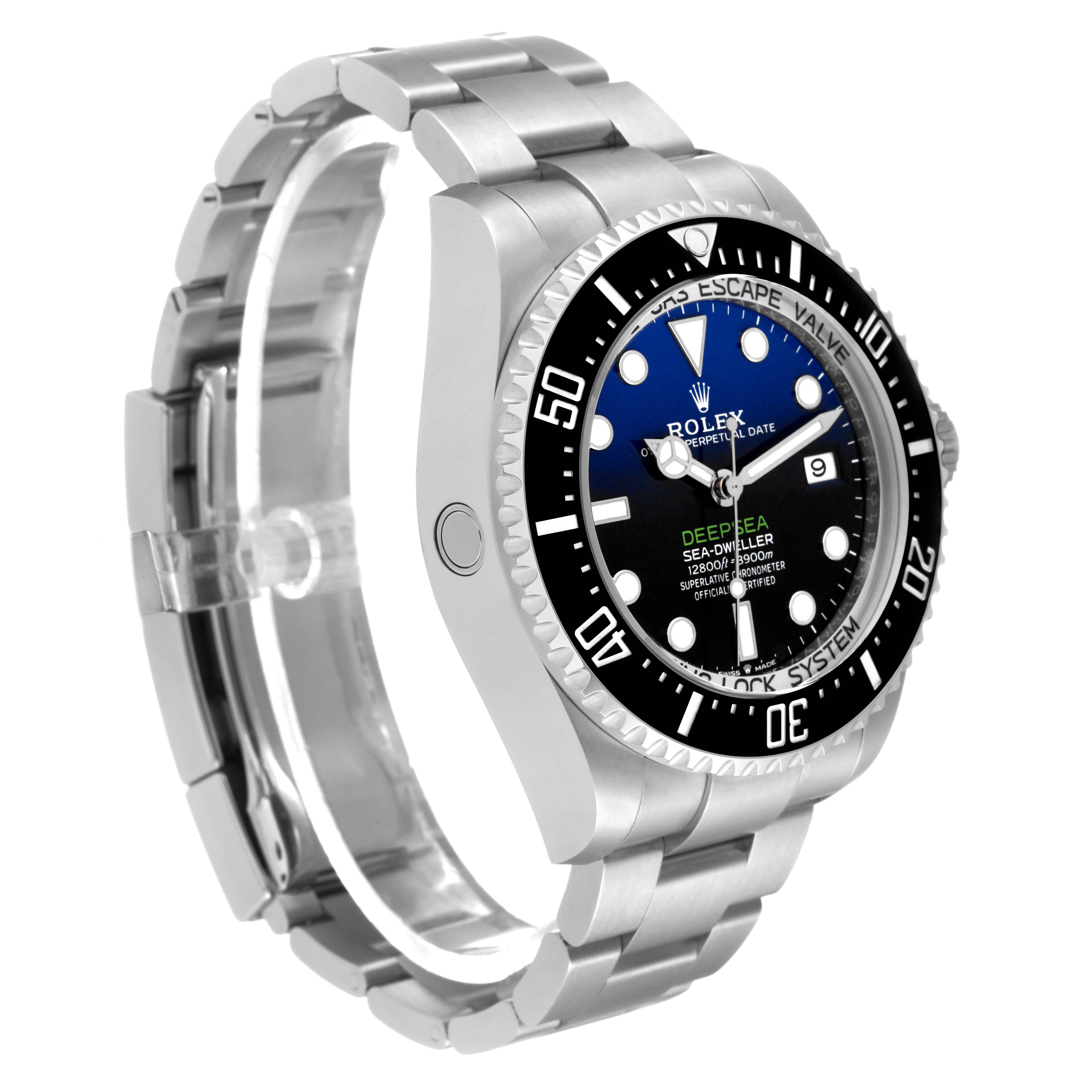 This image shows a side and slightly angled view of a Rolex Sea-Dweller 136660 Men
s Stainless Steel Blue Dial 136660 Men
s Stainless Steel Blue Dial watch, highlighting the bracelet, bezel, and face details.
