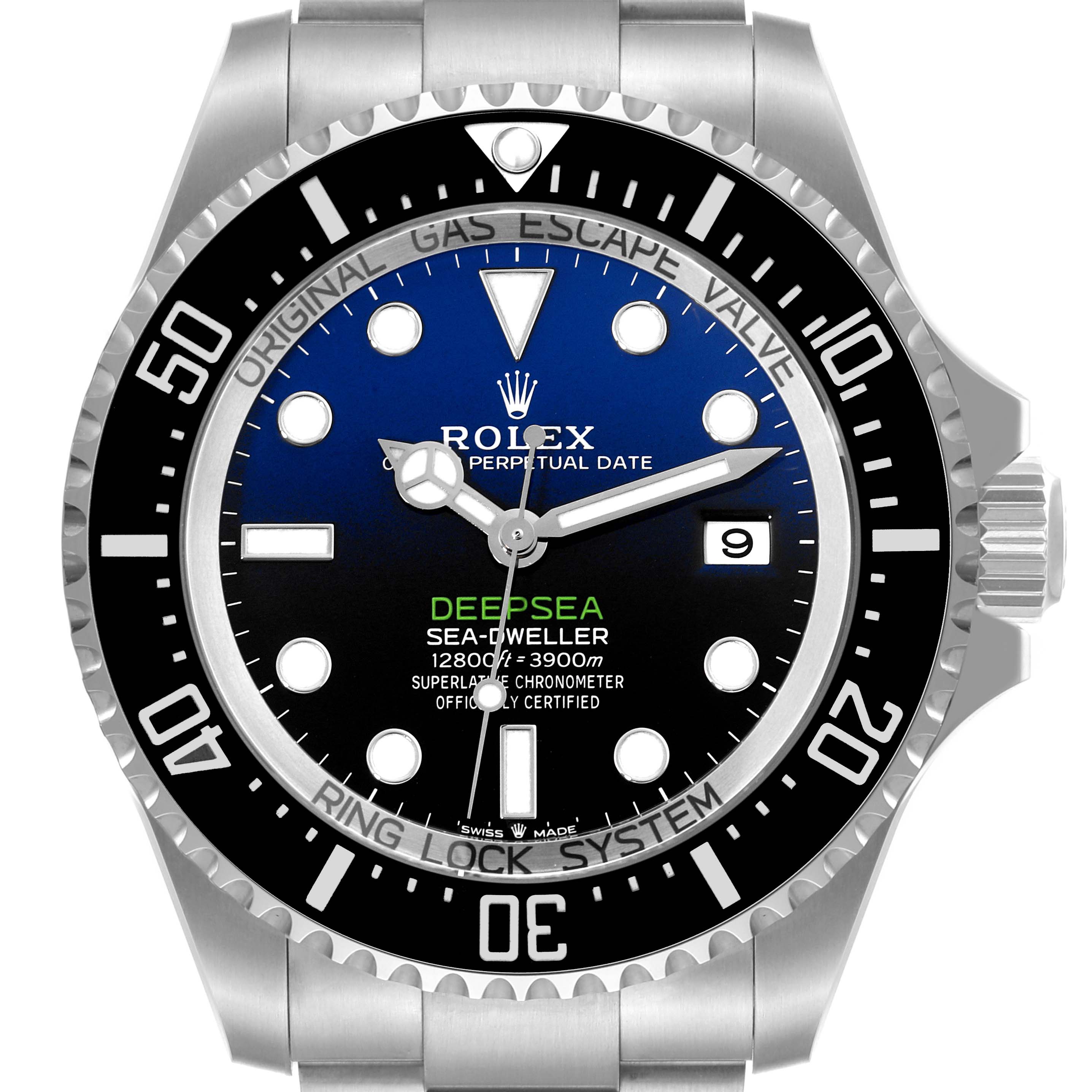 The image shows a front view of a Rolex Sea-Dweller 136660 Men
s Stainless Steel Blue Dial 136660 Men
s Stainless Steel Blue Dial watch, displaying its face, bezel, and part of the bracelet.