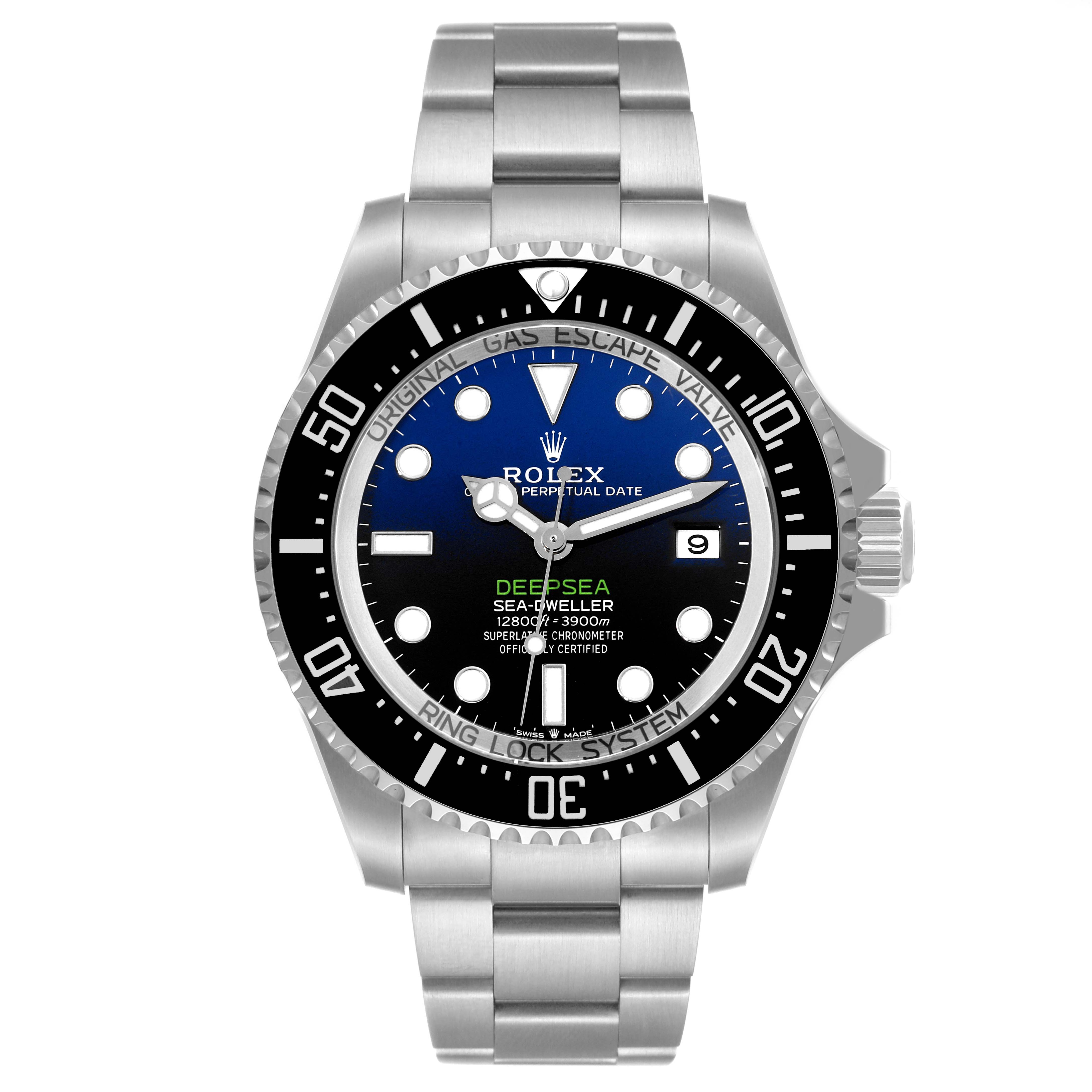 This image shows a front view of a Rolex Sea-Dweller 136660 Men
s Stainless Steel Blue Dial 136660 Men
s Stainless Steel Blue Dial watch, displaying its dial, bezel, and bracelet.