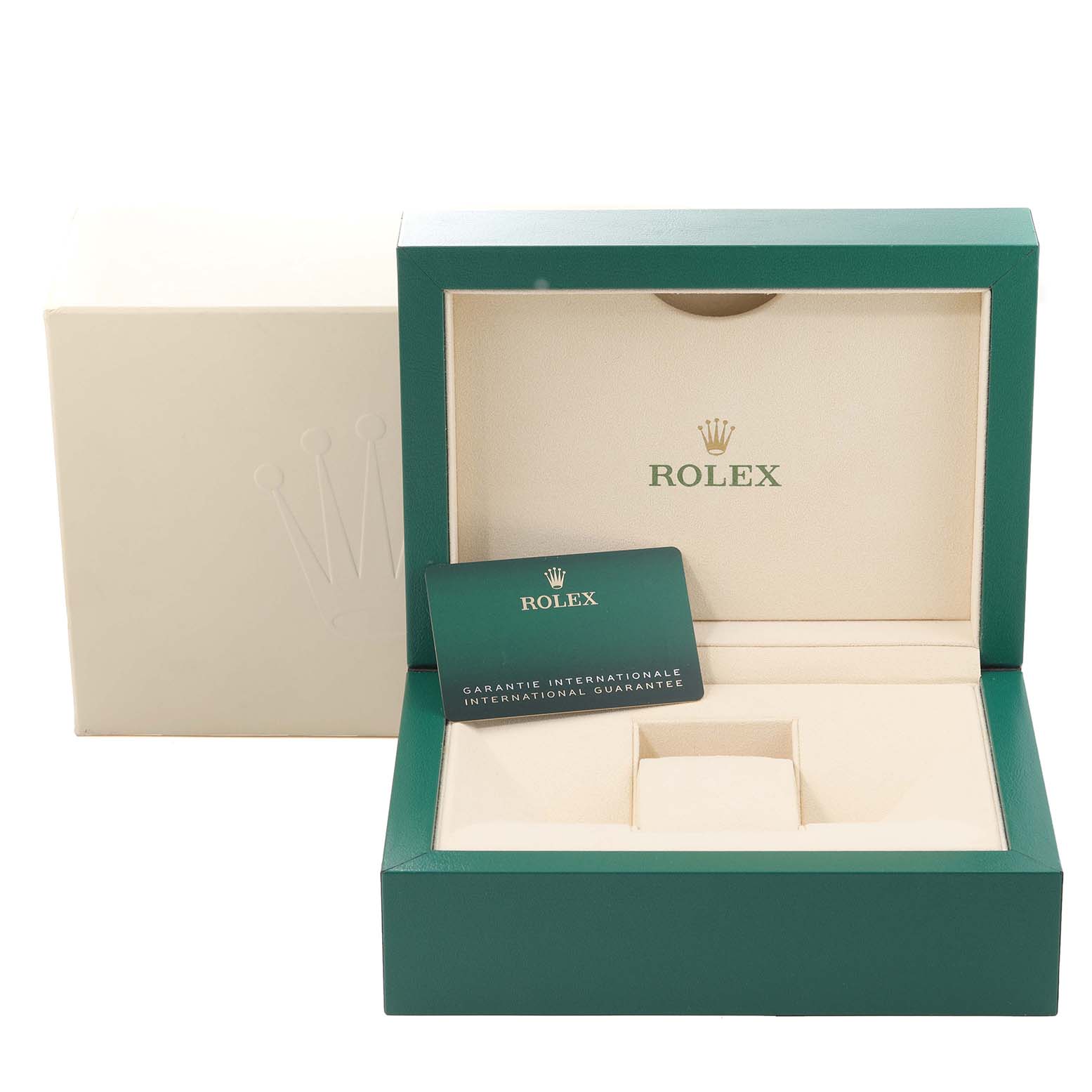 The image shows an open Rolex Sea-Dweller 136660 Men
s Stainless Steel Blue Dial 136660 Men
s Stainless Steel Blue Dial watch box with the guarantee card placed inside.