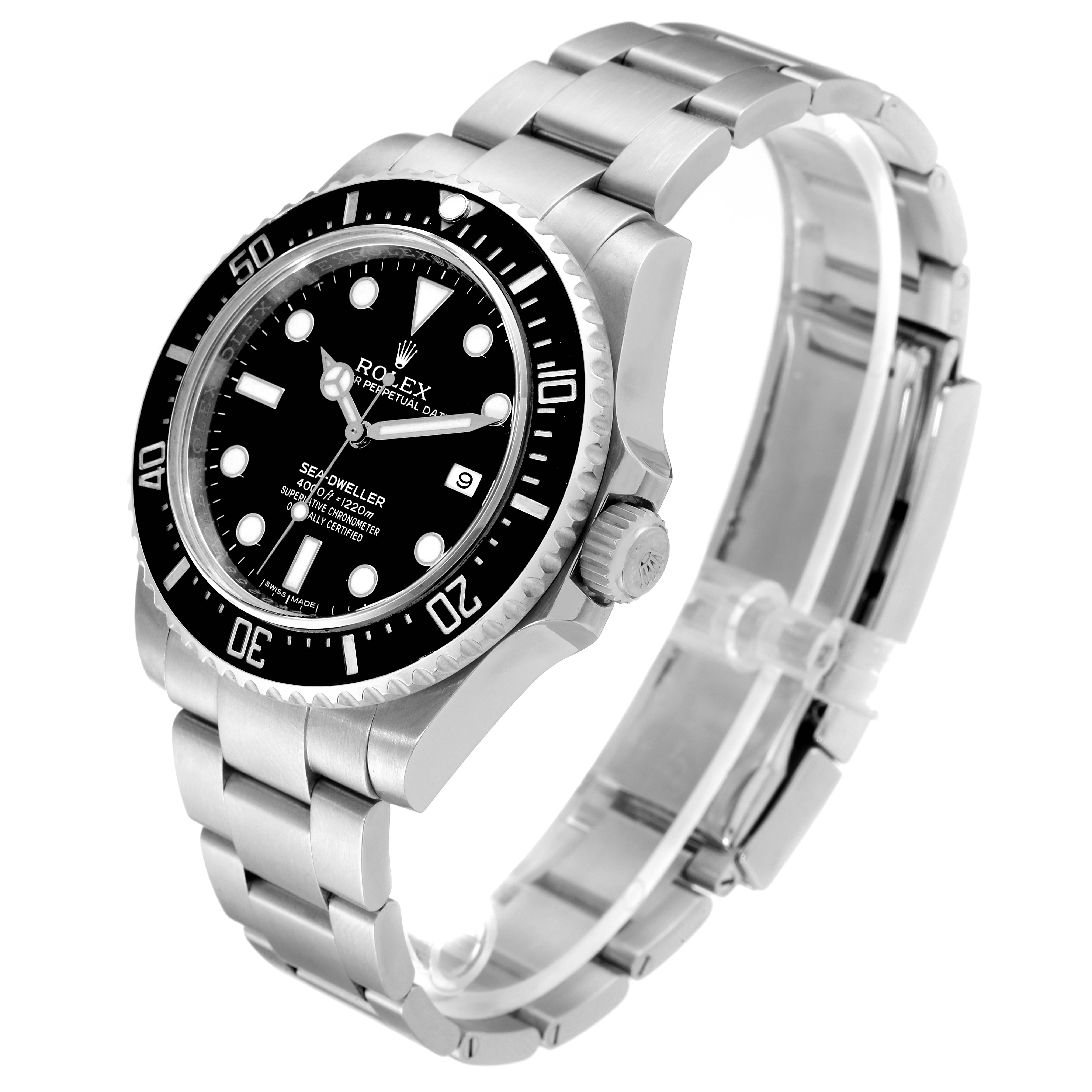 The image shows a Rolex Sea-Dweller 116600 Men's Stainless Steel Black Dial 116600 Men's Stainless Steel Black Dial watch at an angled side view, highlighting the face, bezel, crown, and bracelet.