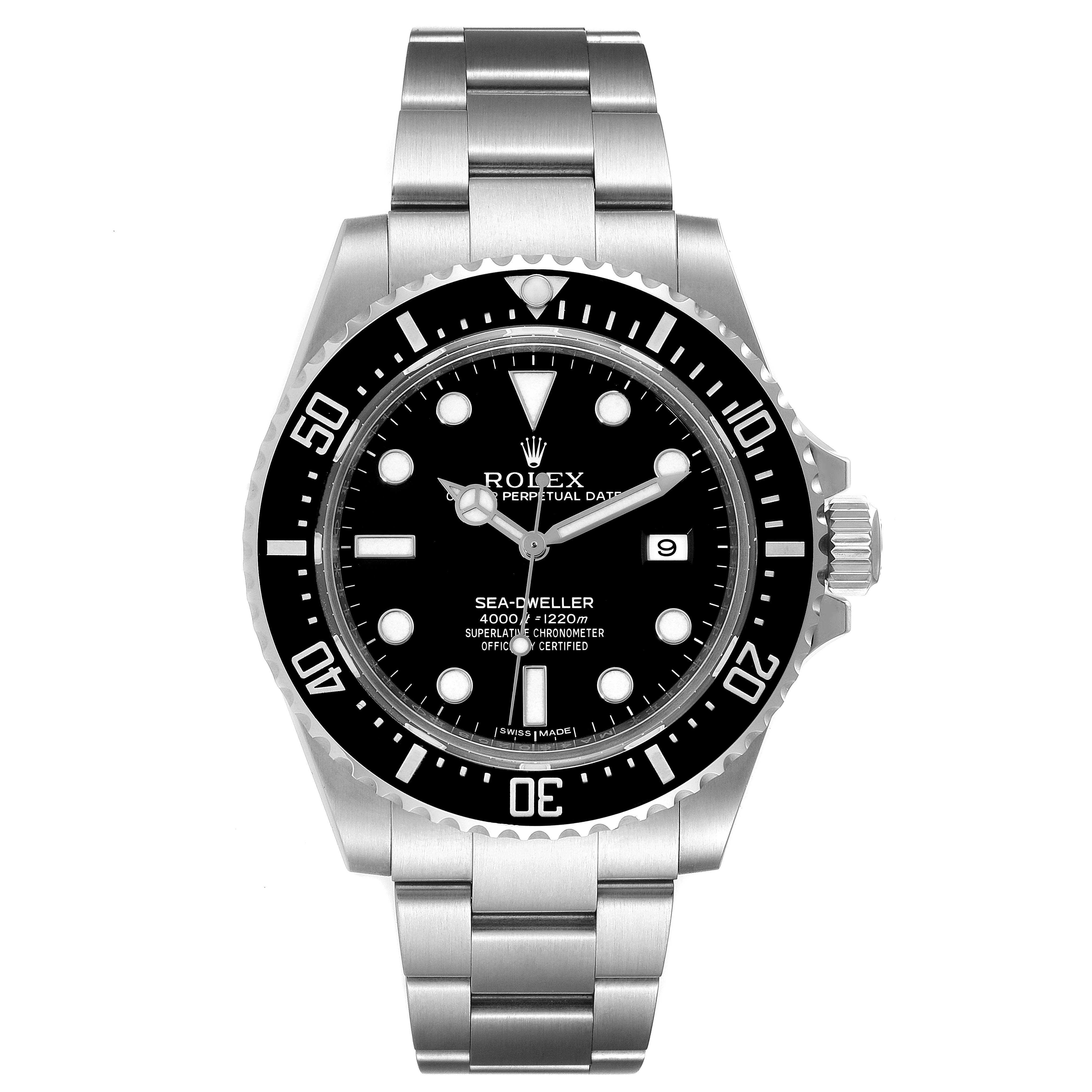 The image shows a front view of a Rolex Sea-Dweller 116600 Men's Stainless Steel Black Dial 116600 Men's Stainless Steel Black Dial watch, highlighting its dial, bezel, and bracelet.