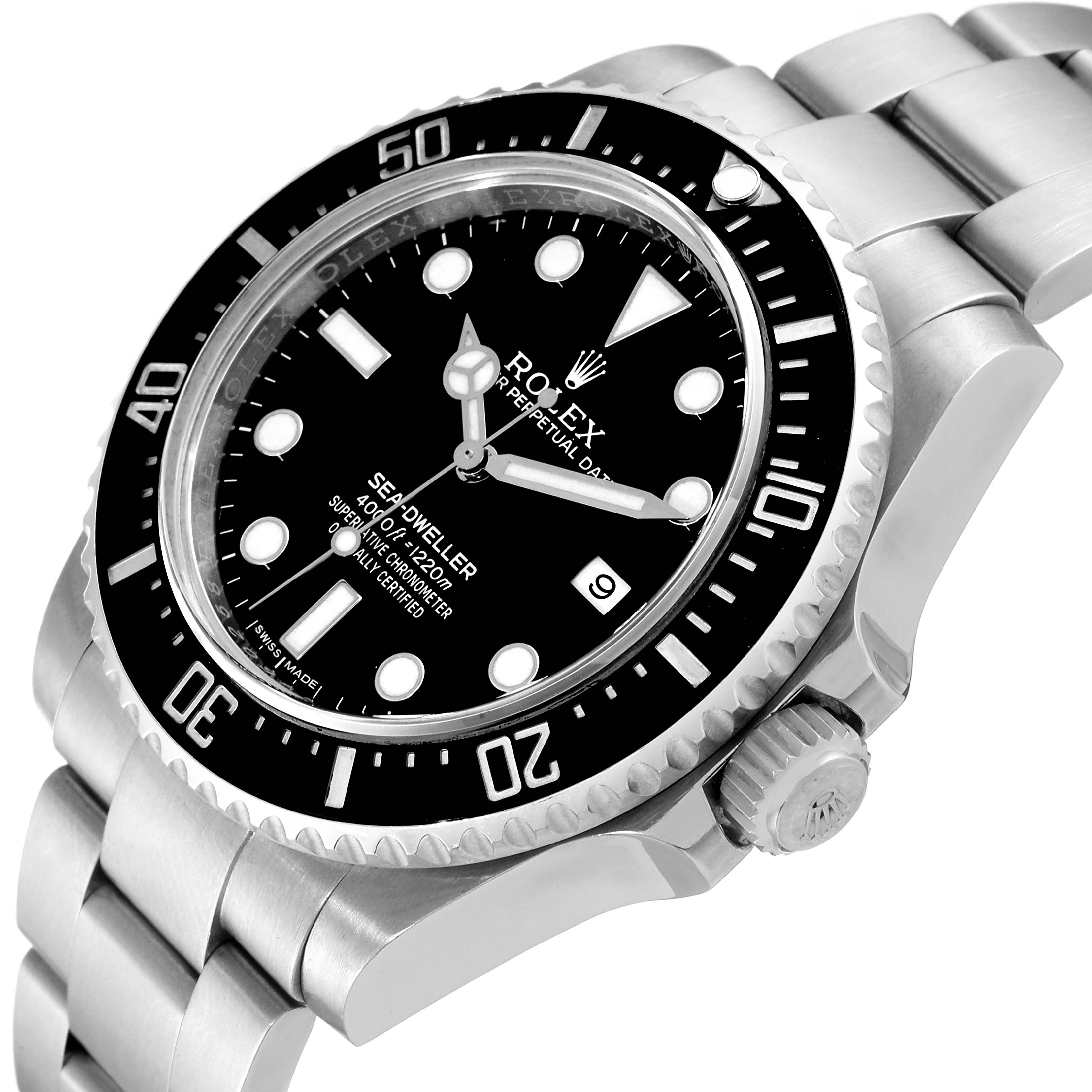 This image shows the Rolex Sea-Dweller 116600 Men's Stainless Steel Black Dial 116600 Men's Stainless Steel Black Dial watch from a diagonal side angle, highlighting its dial, bezel, crown, and part of the bracelet.