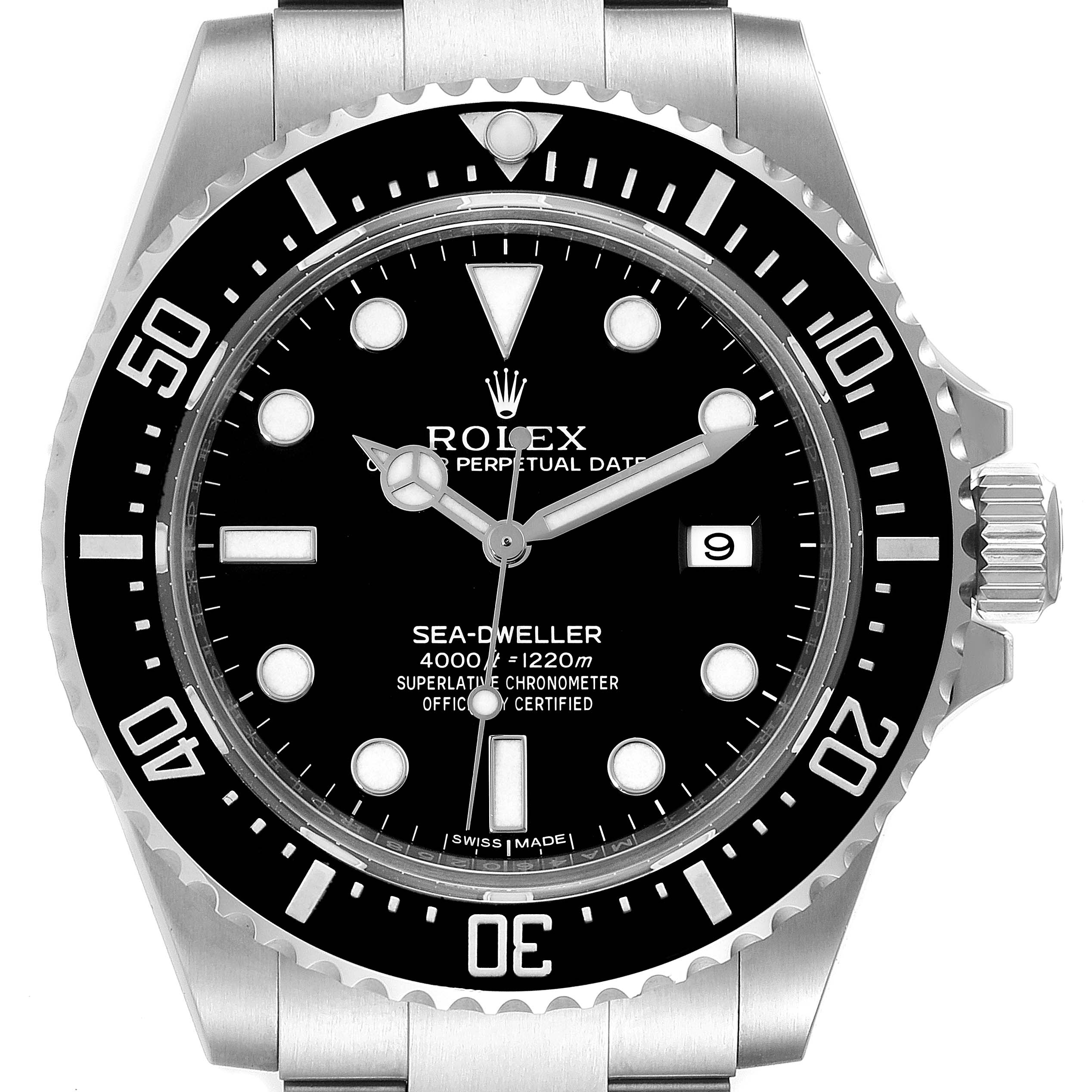 This is a frontal view of the Rolex Sea-Dweller 116600 Men's Stainless Steel Black Dial 116600 Men's Stainless Steel Black Dial watch, showcasing its bezel, dial, hands, and date window.
