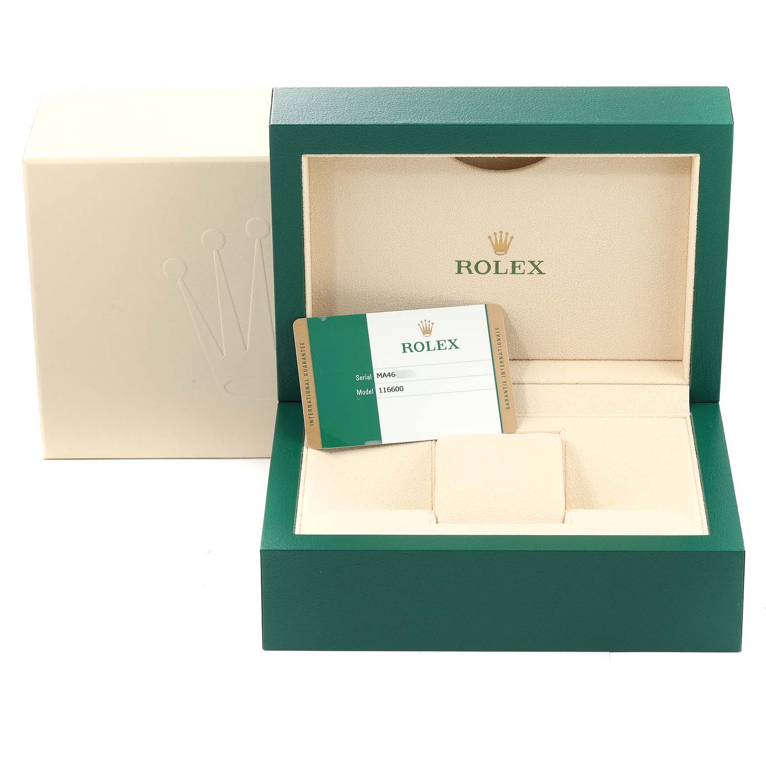 The image shows the open box and warranty card for the Rolex Sea-Dweller 116600 Men's Stainless Steel Black Dial 116600 Men's Stainless Steel Black Dial watch model.