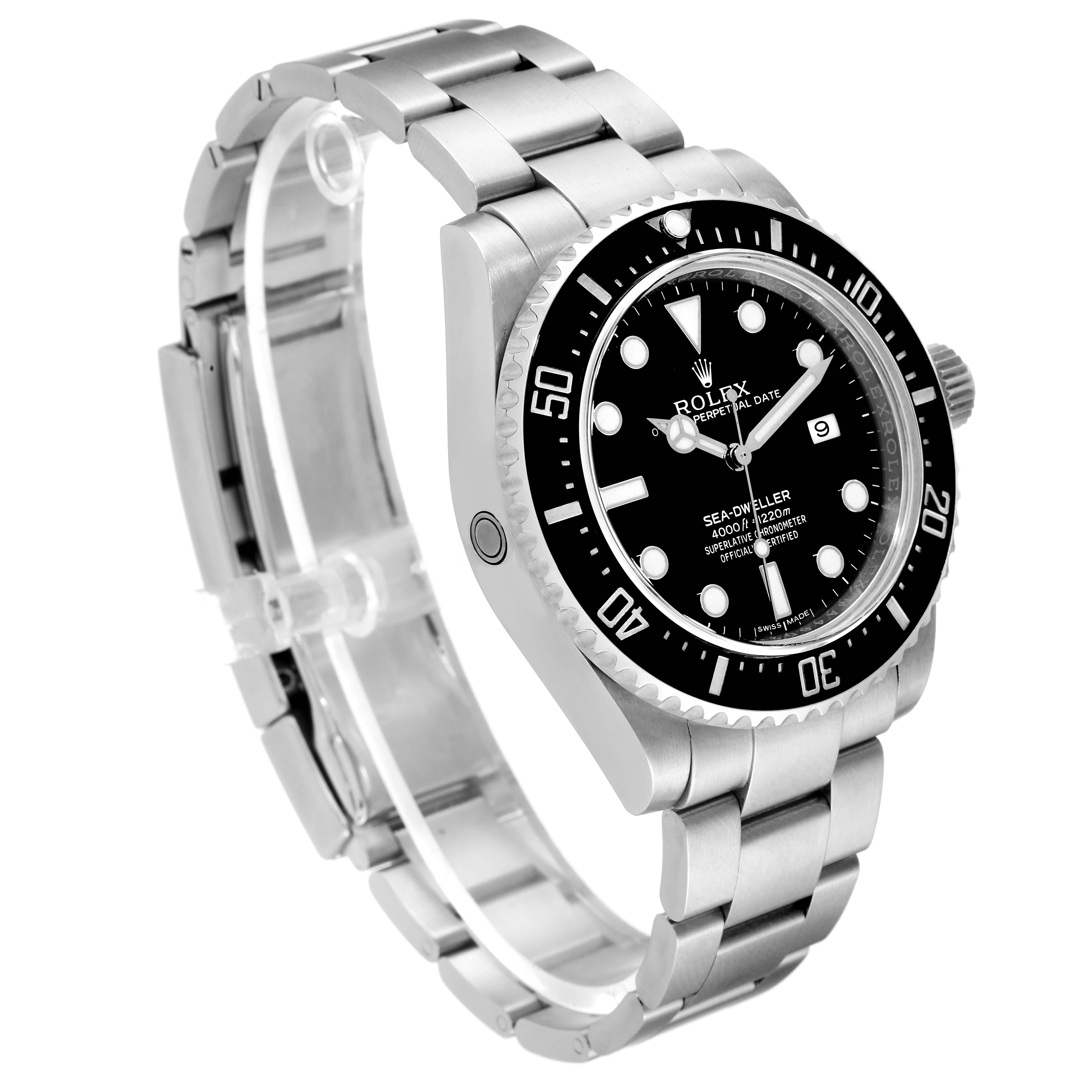 This image shows a Rolex Sea-Dweller 116600 Men's Stainless Steel Black Dial 116600 Men's Stainless Steel Black Dial watch at a 3/4 angle, highlighting its face, bezel, and bracelet.