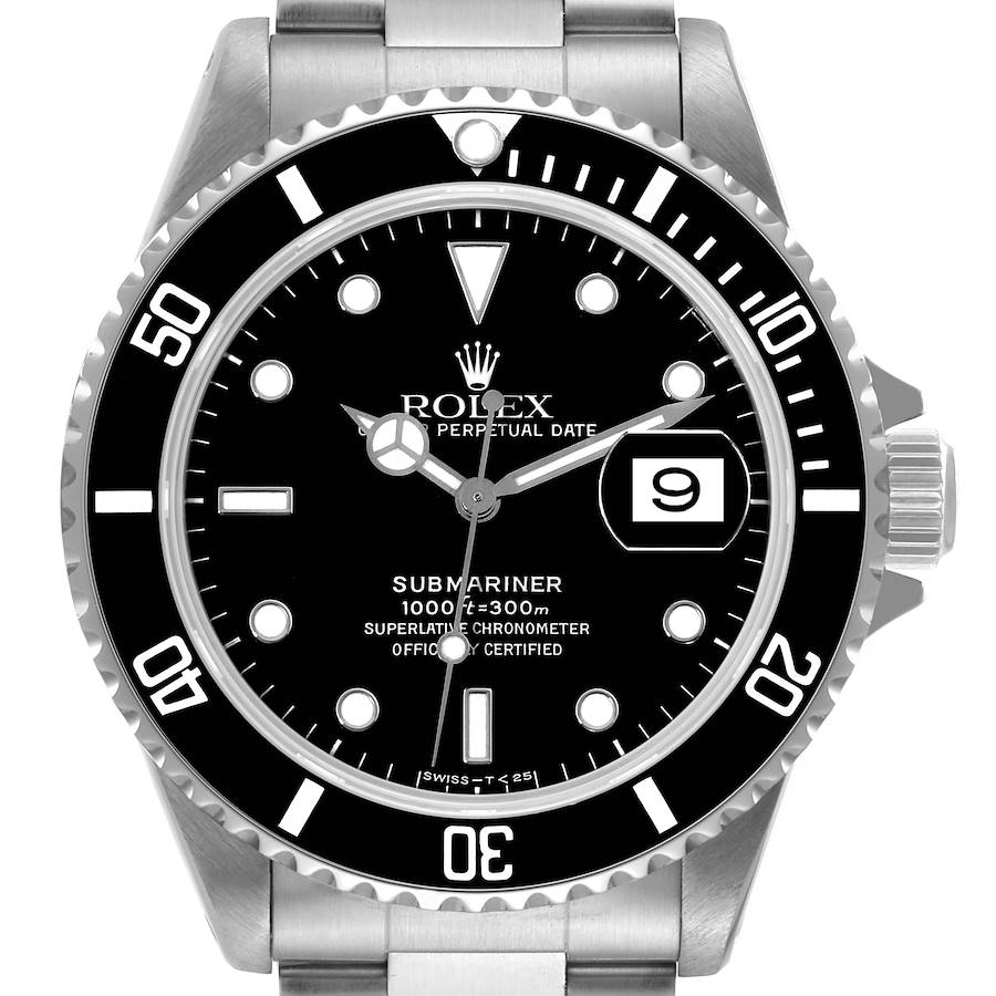 The image shows a frontal view of a Rolex Submariner watch, featuring its black dial, bezel, and date magnifier.