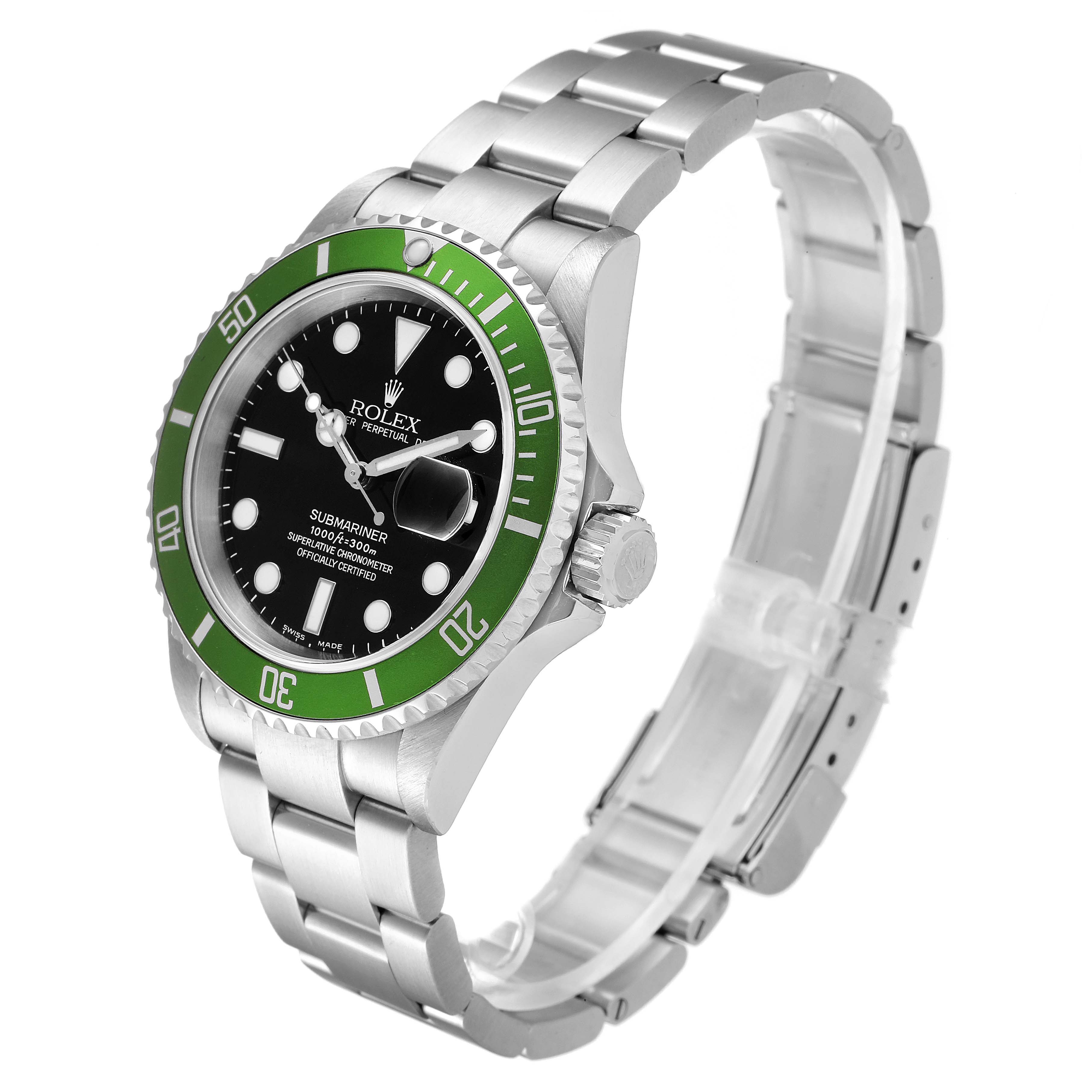 This image shows a Rolex Submariner 16610LV Men
s Stainless Steel Black Dial 16610LV Men
s Stainless Steel Black Dial model watch at a three-quarter angle, displaying the bezel, dial, bracelet, and crown.