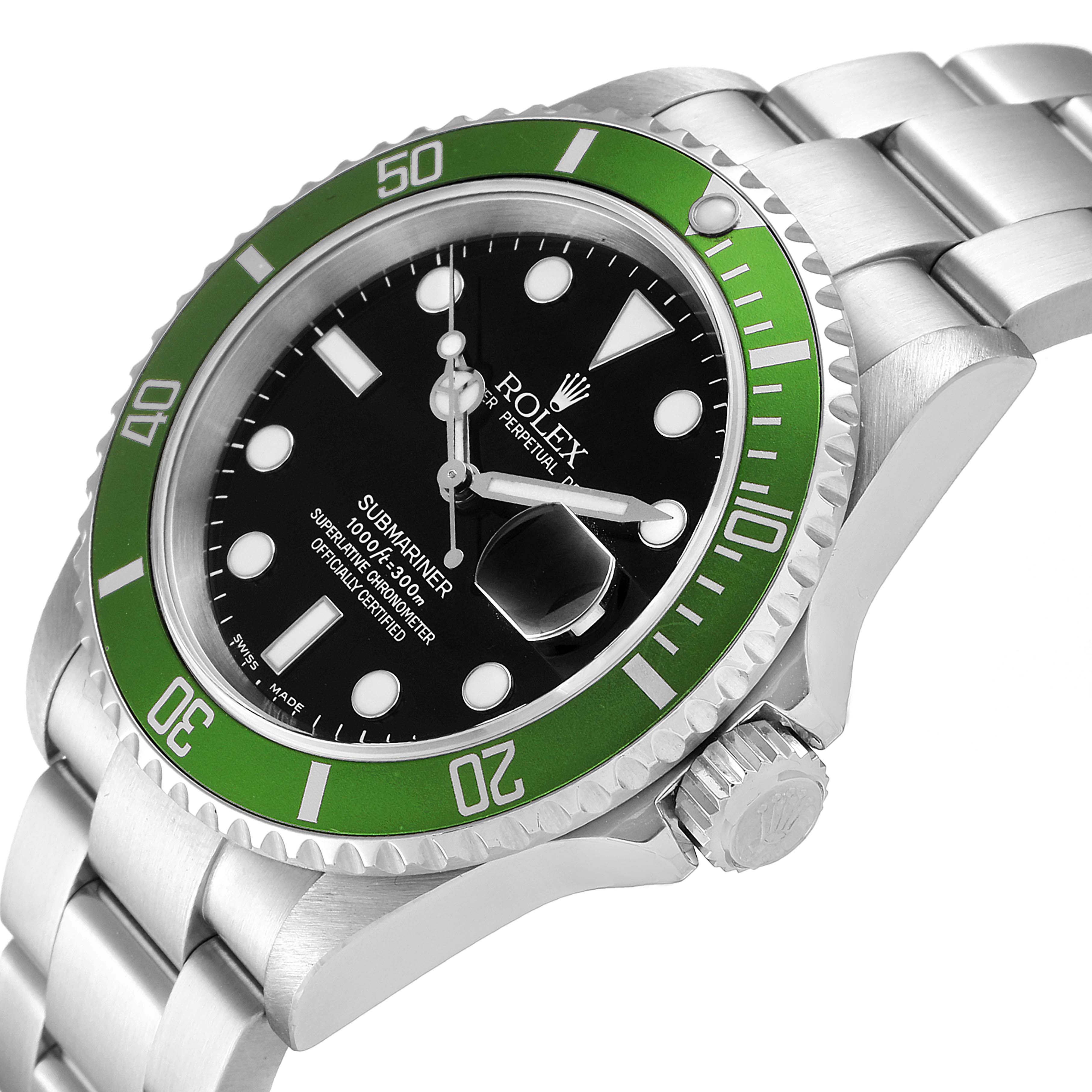 The image shows a side and front view of a Rolex Submariner 16610LV Men
s Stainless Steel Black Dial 16610LV Men
s Stainless Steel Black Dial, highlighting its green bezel and stainless steel bracelet.