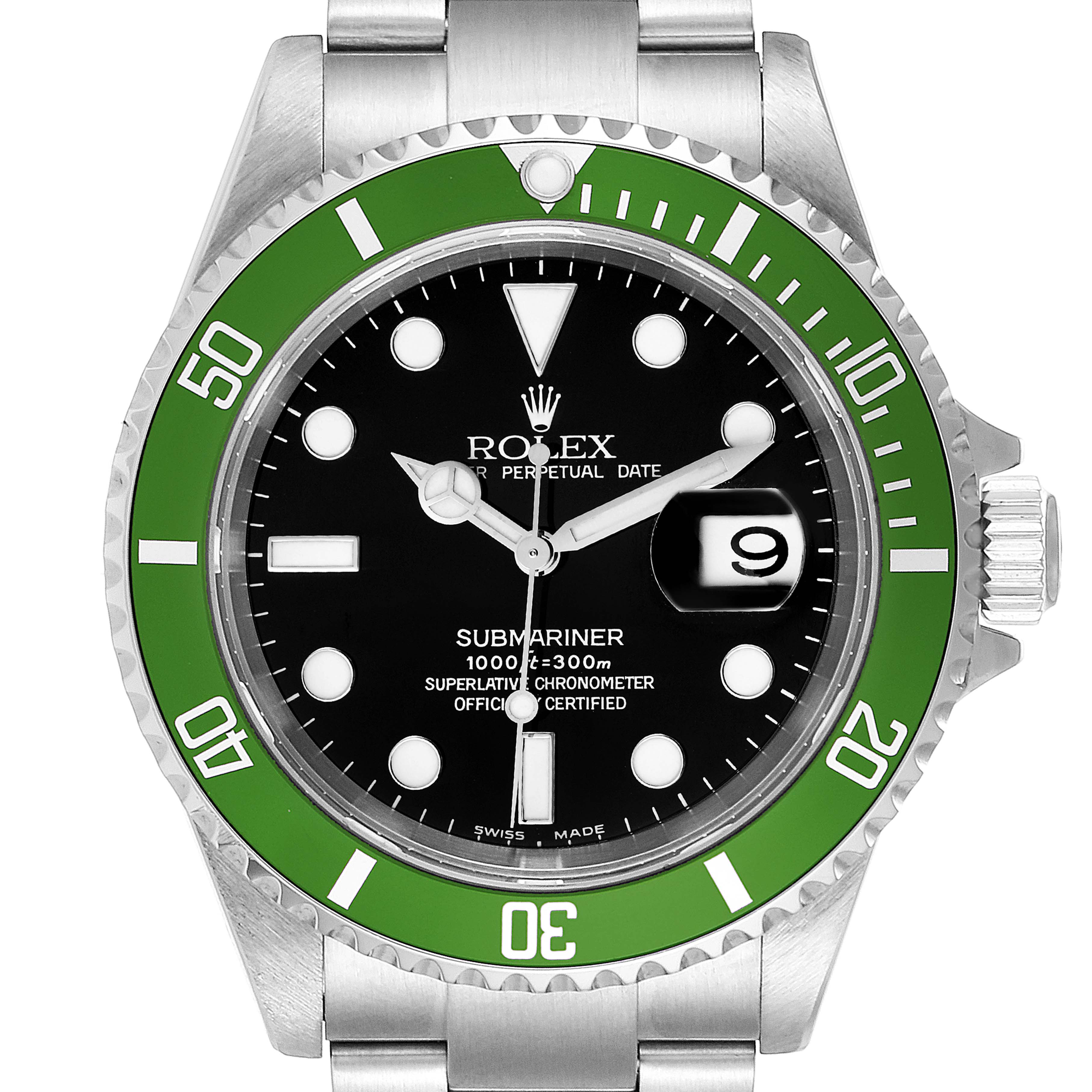 The image shows a front view of a Rolex Submariner 16610LV Men
s Stainless Steel Black Dial 16610LV Men
s Stainless Steel Black Dial watch with a green bezel, black dial, and date display.
