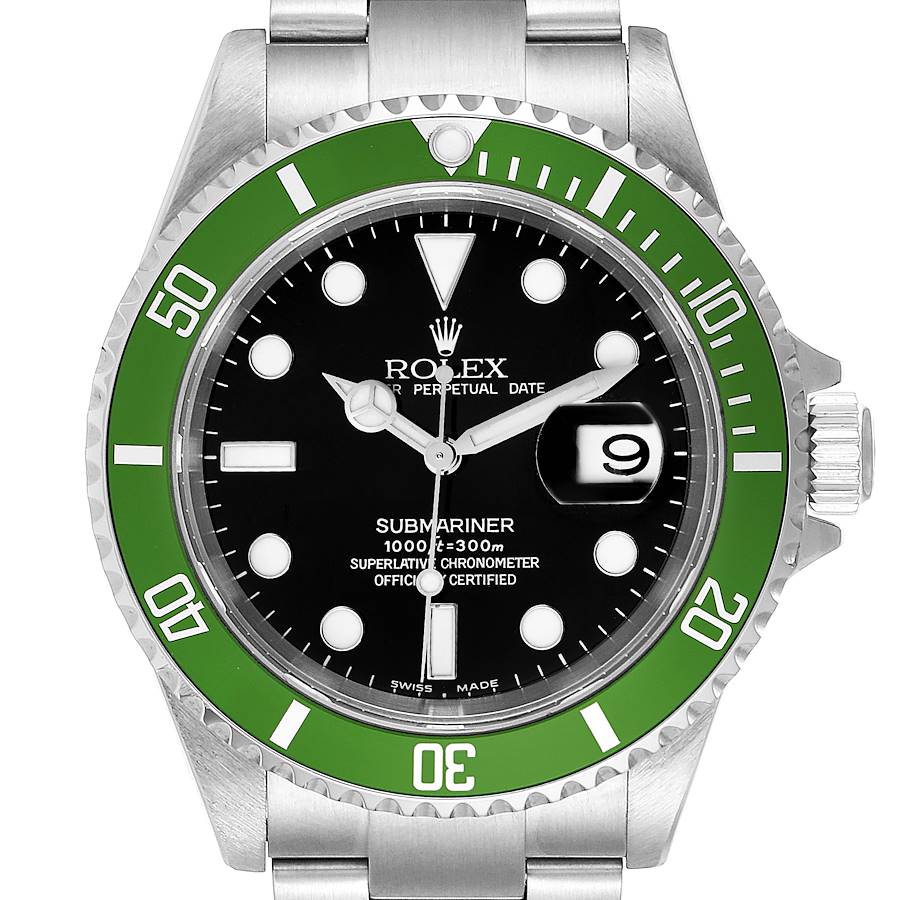 Rolex Submariner 50th Anniversary Green Bezel Flat 4 Steel Mens Watch 16610LV SwissWatchExpo