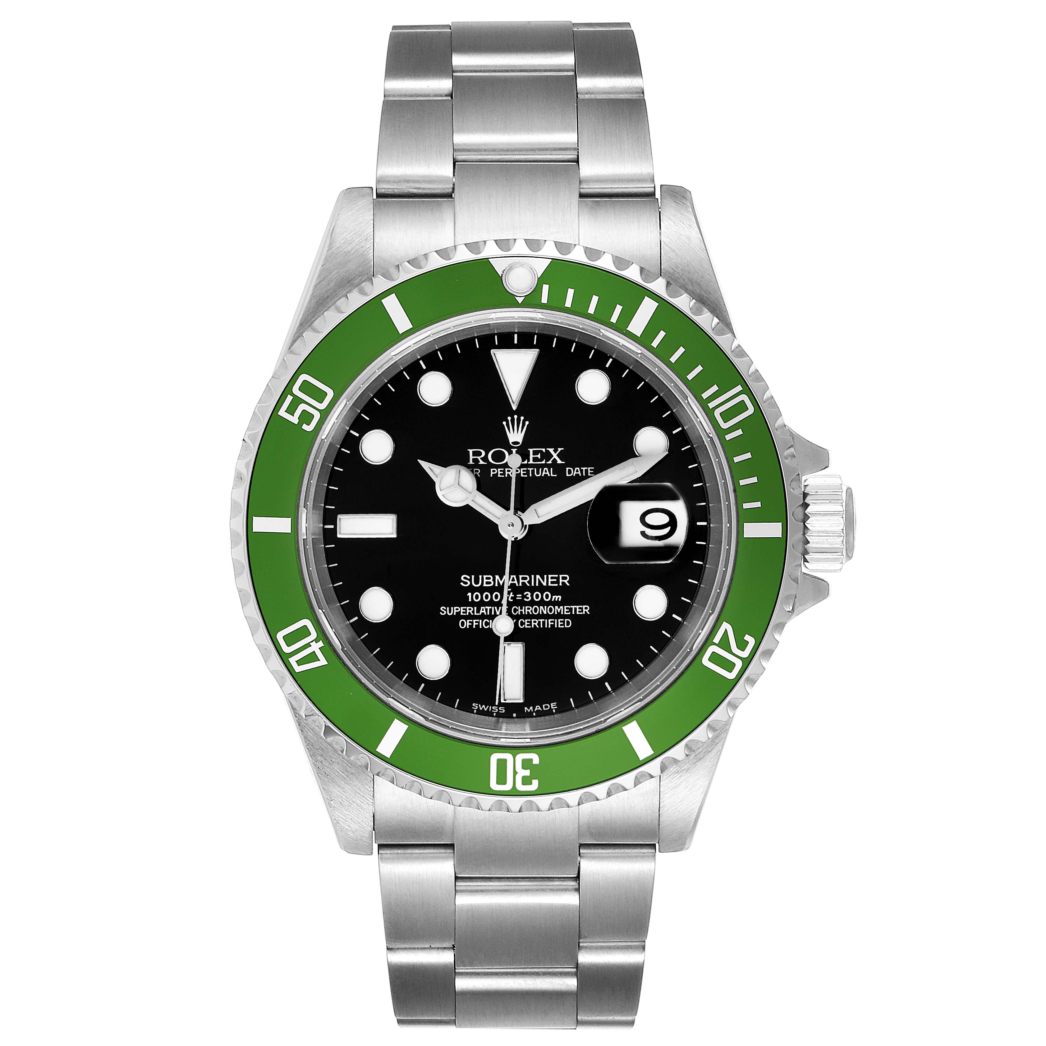 A Rolex Submariner 16610LV Men
s Stainless Steel Black Dial 16610LV Men
s Stainless Steel Black Dial watch is shown from a top-down angle, displaying its green bezel, black dial, and silver bracelet.