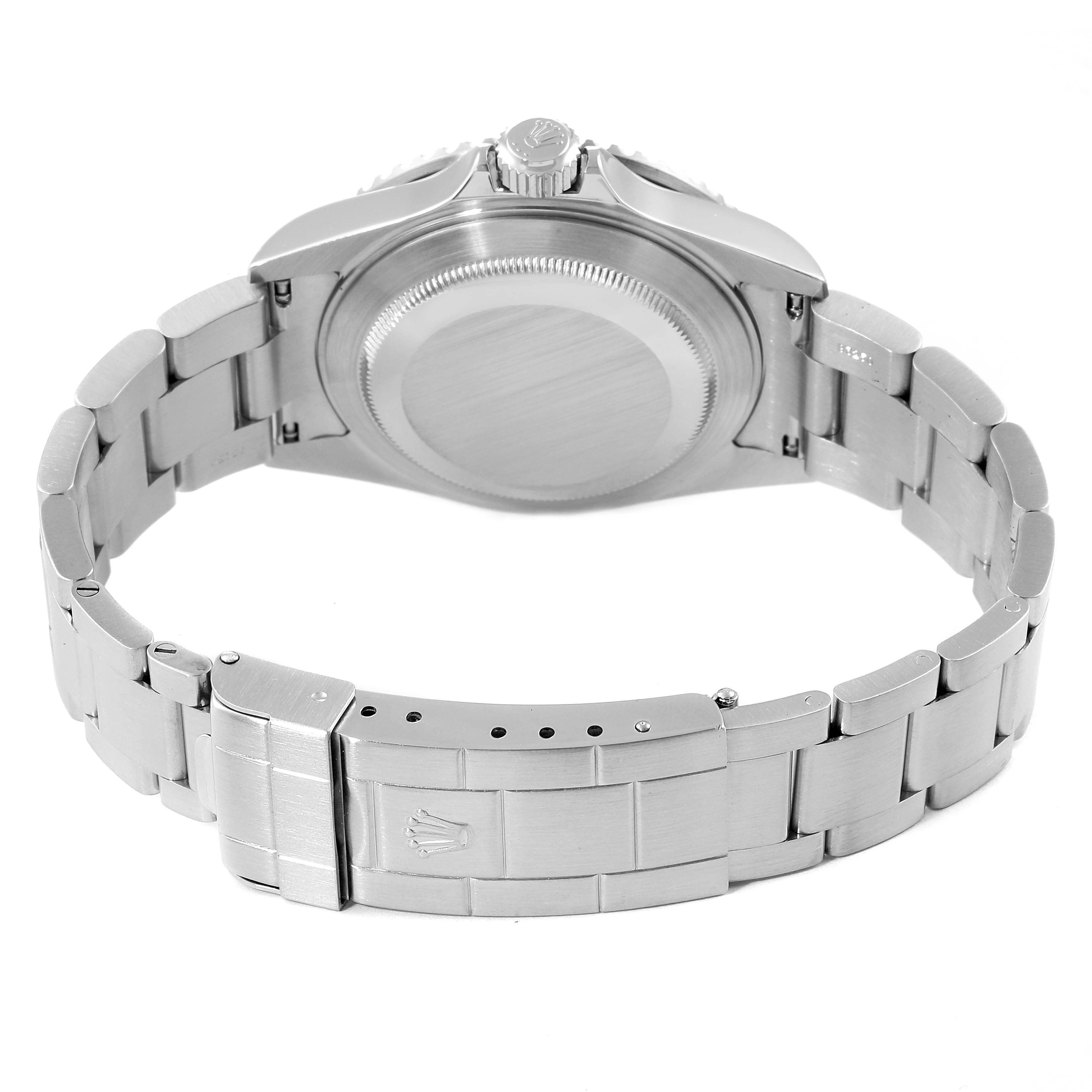 The image shows the back view of the case, bracelet, and clasp of a Rolex Submariner 16610LV Men
s Stainless Steel Black Dial 16610LV Men
s Stainless Steel Black Dial watch.