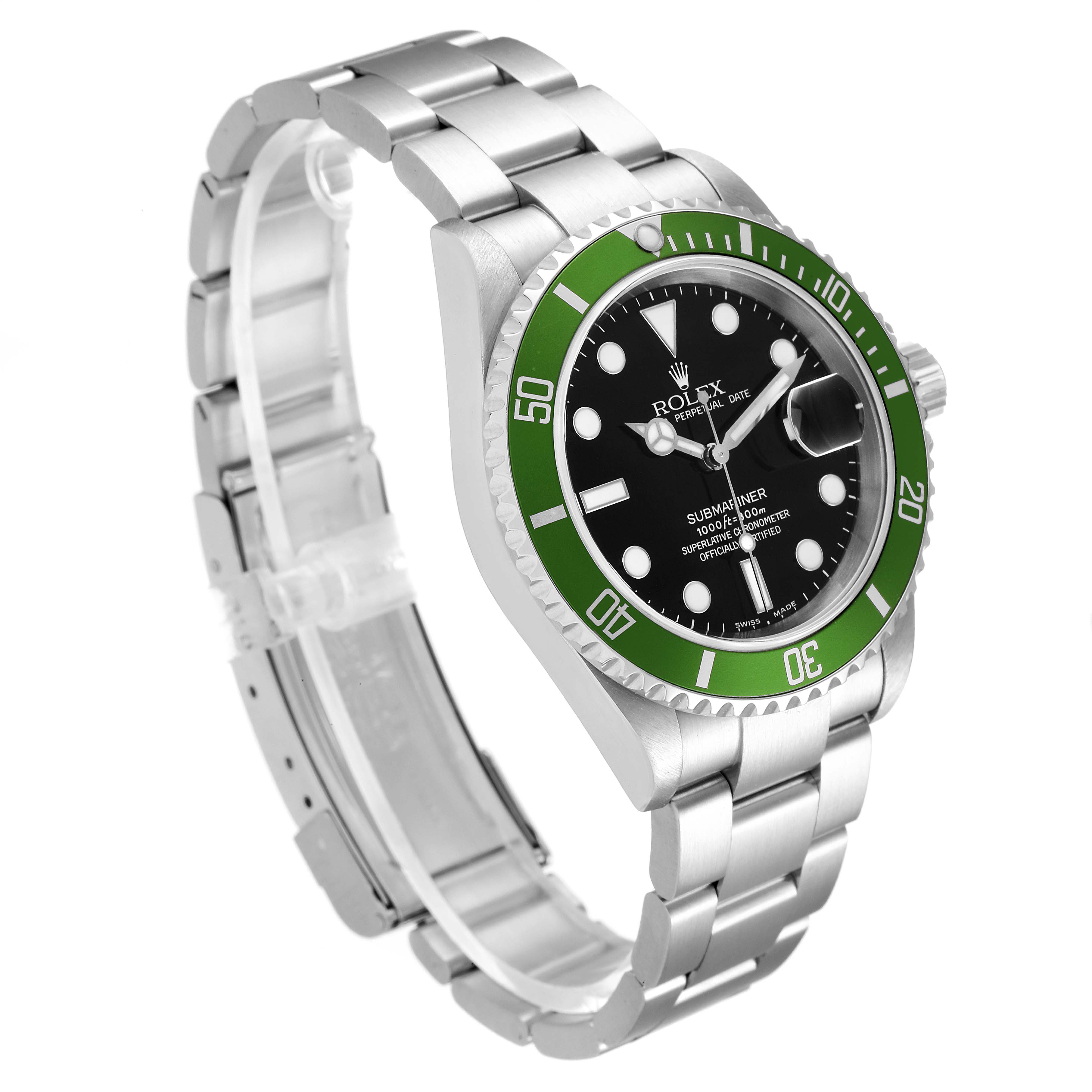 The image shows a Rolex Submariner 16610LV Men
s Stainless Steel Black Dial 16610LV Men
s Stainless Steel Black Dial watch at a three-quarter angle, displaying the stainless steel bracelet and green bezel.