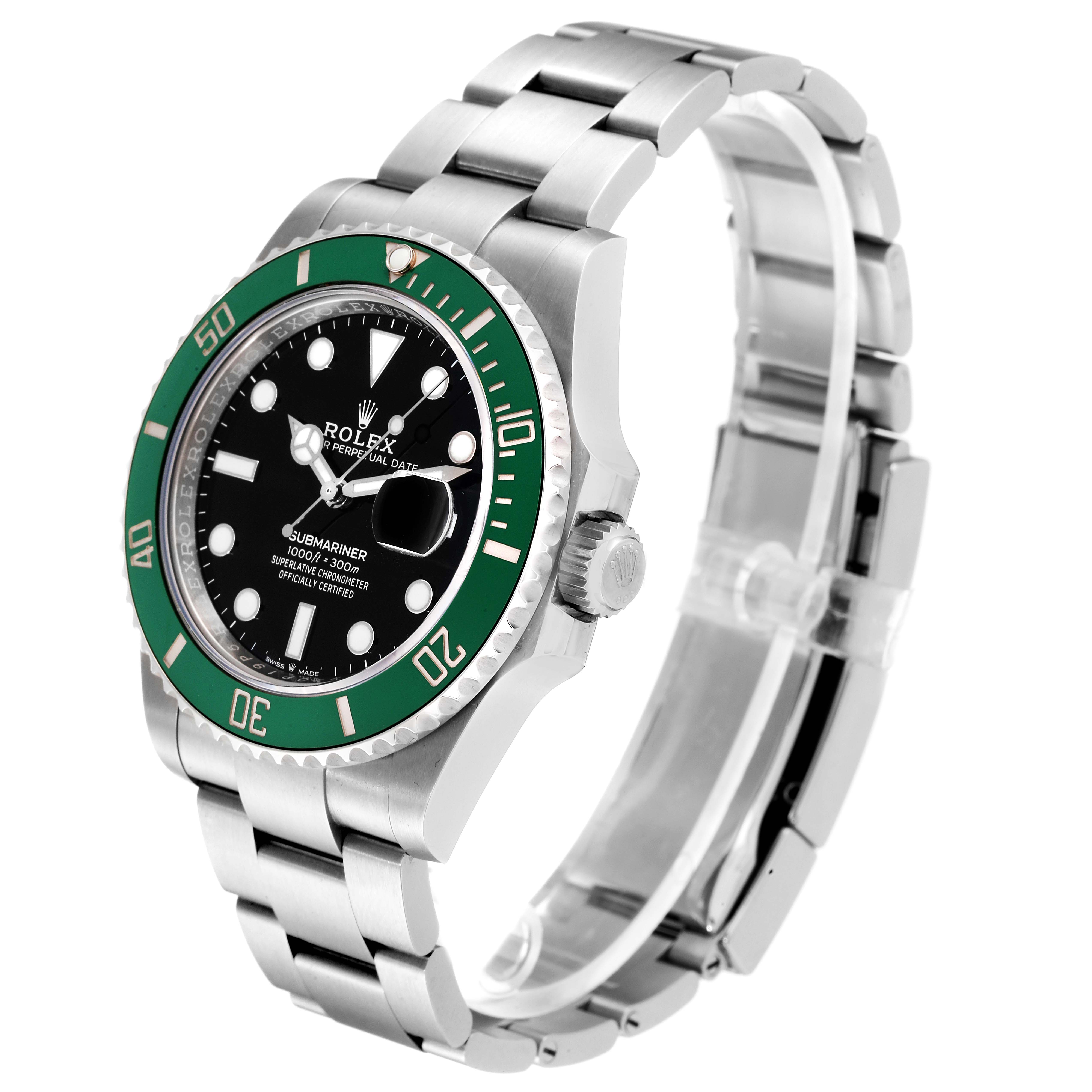 The image shows a side and front angle of the Rolex Submariner 126610LV Men's Stainless Steel Black Dial 126610LV Men's Stainless Steel Black Dial watch, highlighting its green bezel, black dial, and metal bracelet.