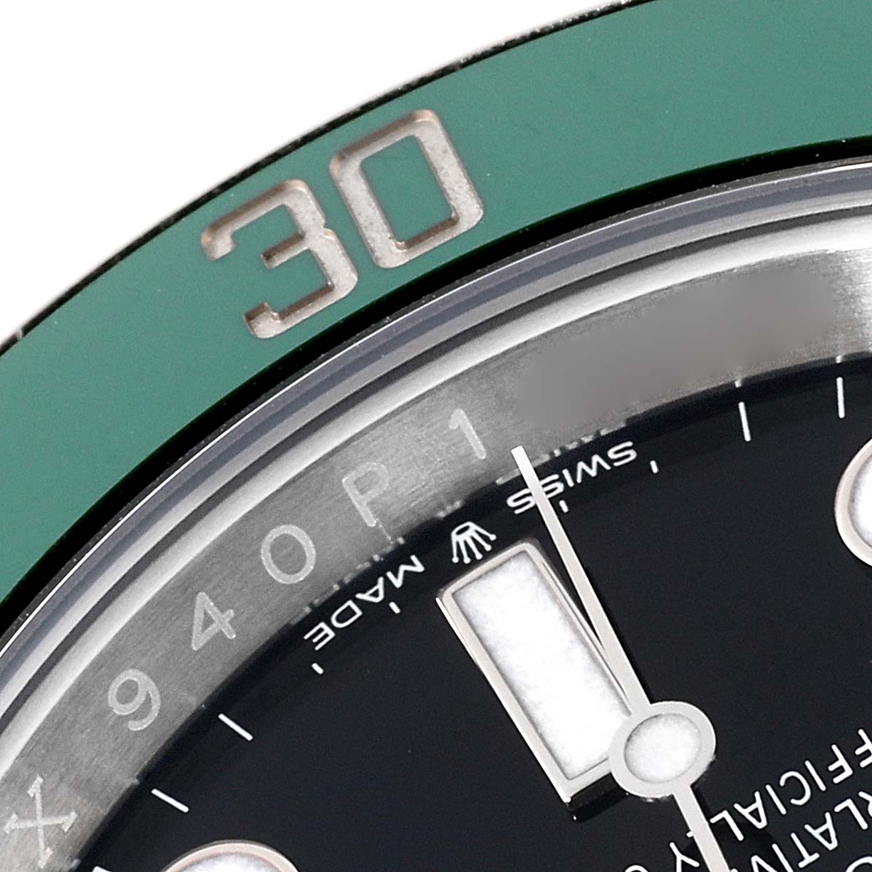 The image shows a close-up of the dial, bezel, and minute hand of a Rolex Submariner 126610LV Men's Stainless Steel Black Dial 126610LV Men's Stainless Steel Black Dial watch, specifically highlighting the "30" on the bezel.