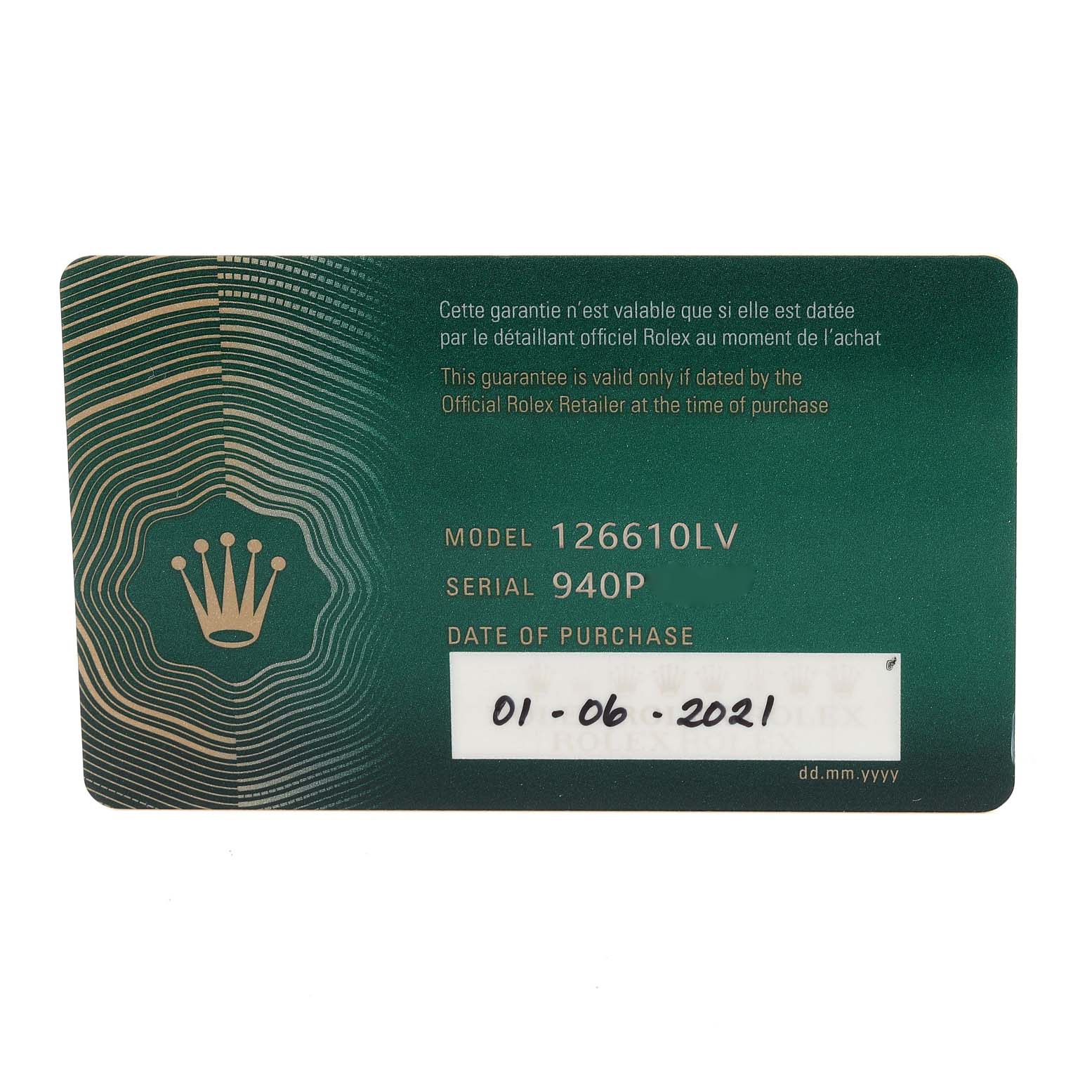 This image shows the warranty card for the Rolex Submariner 126610LV Men's Stainless Steel Black Dial 126610LV Men's Stainless Steel Black Dial model 126610LV.