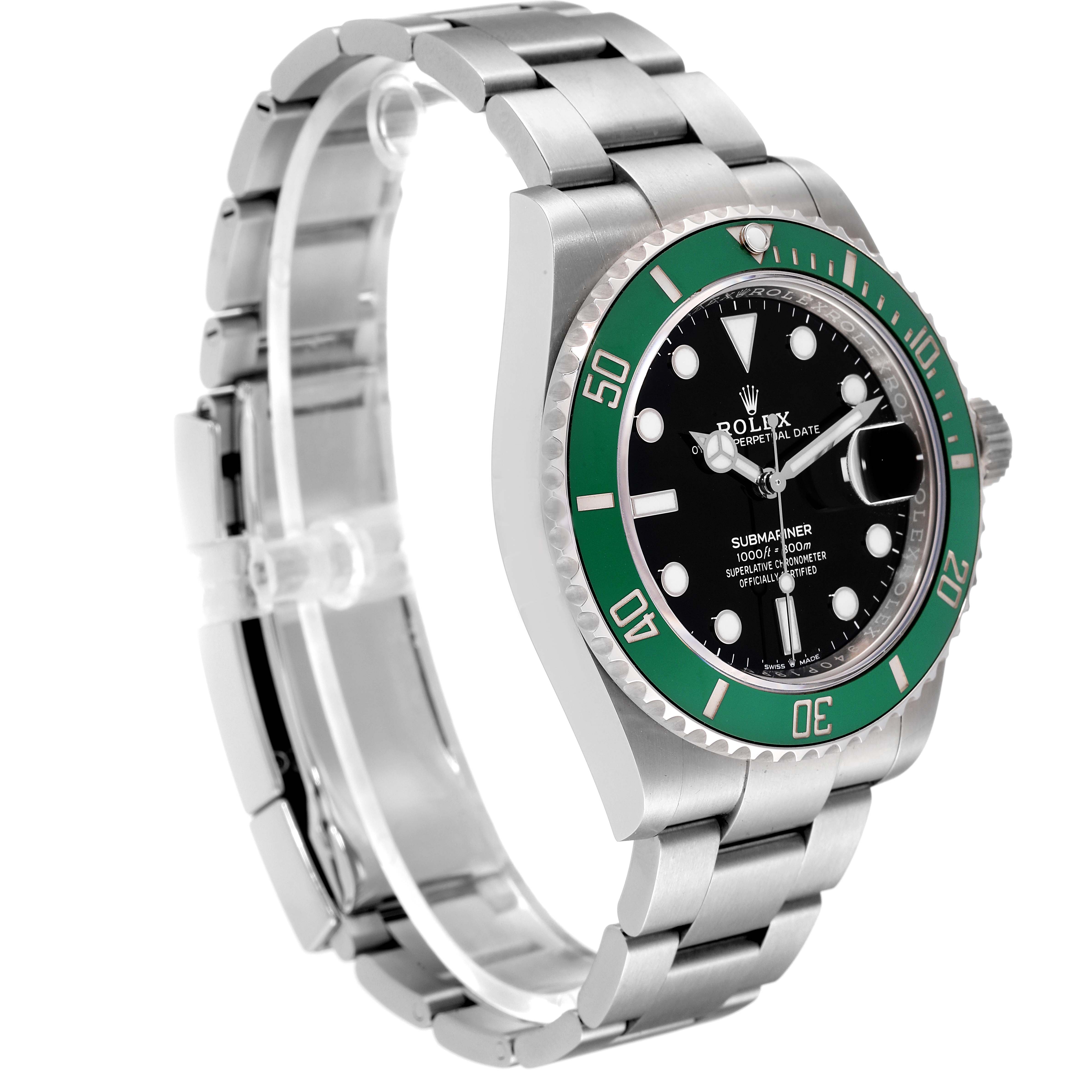 The image shows a Rolex Submariner 126610LV Men's Stainless Steel Black Dial 126610LV Men's Stainless Steel Black Dial watch from a side angle, highlighting its green bezel, black dial, and stainless steel bracelet.