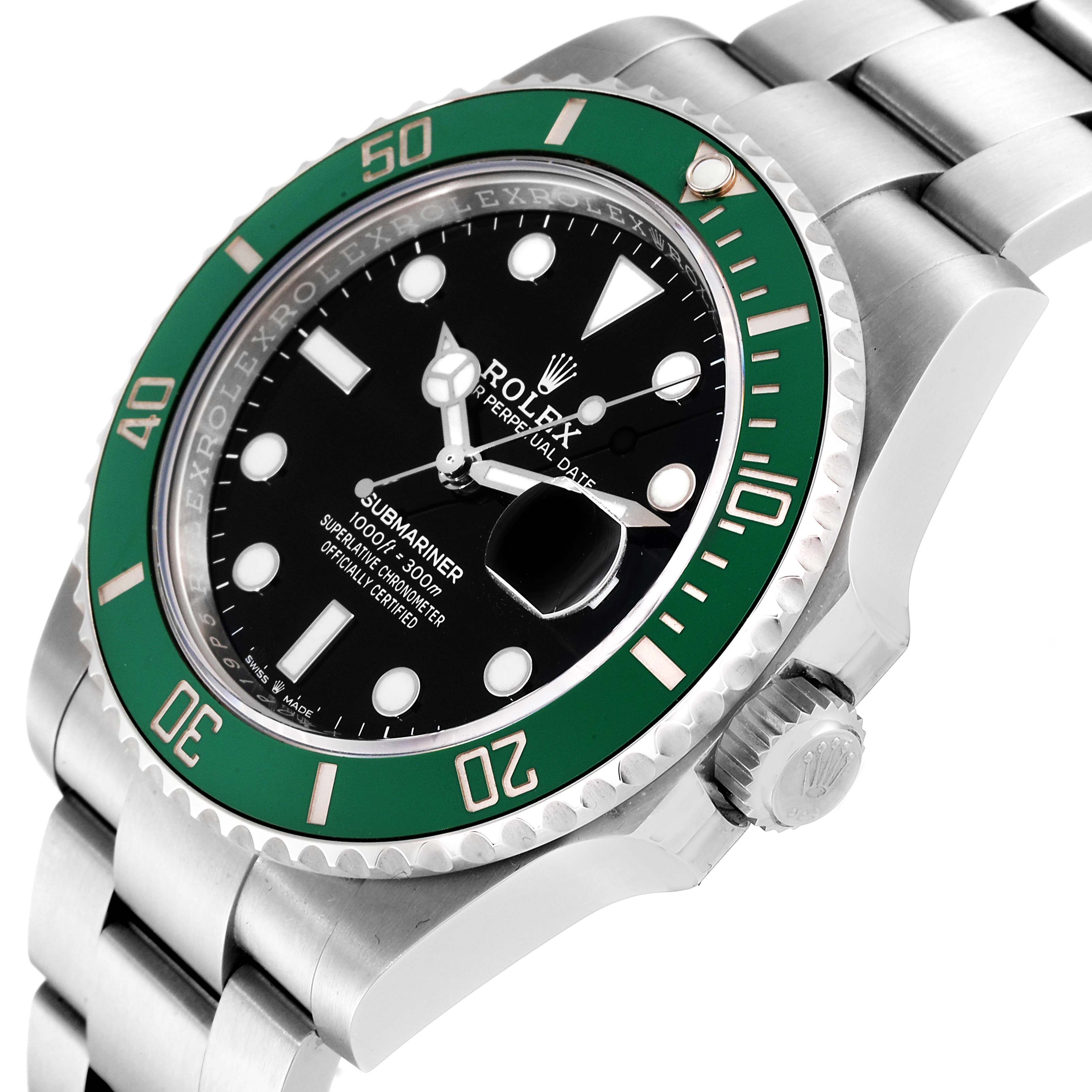The Rolex Submariner 126610LV Men's Stainless Steel Black Dial 126610LV Men's Stainless Steel Black Dial watch is shown at an angle revealing its green bezel, black dial, and part of its silver metal bracelet.