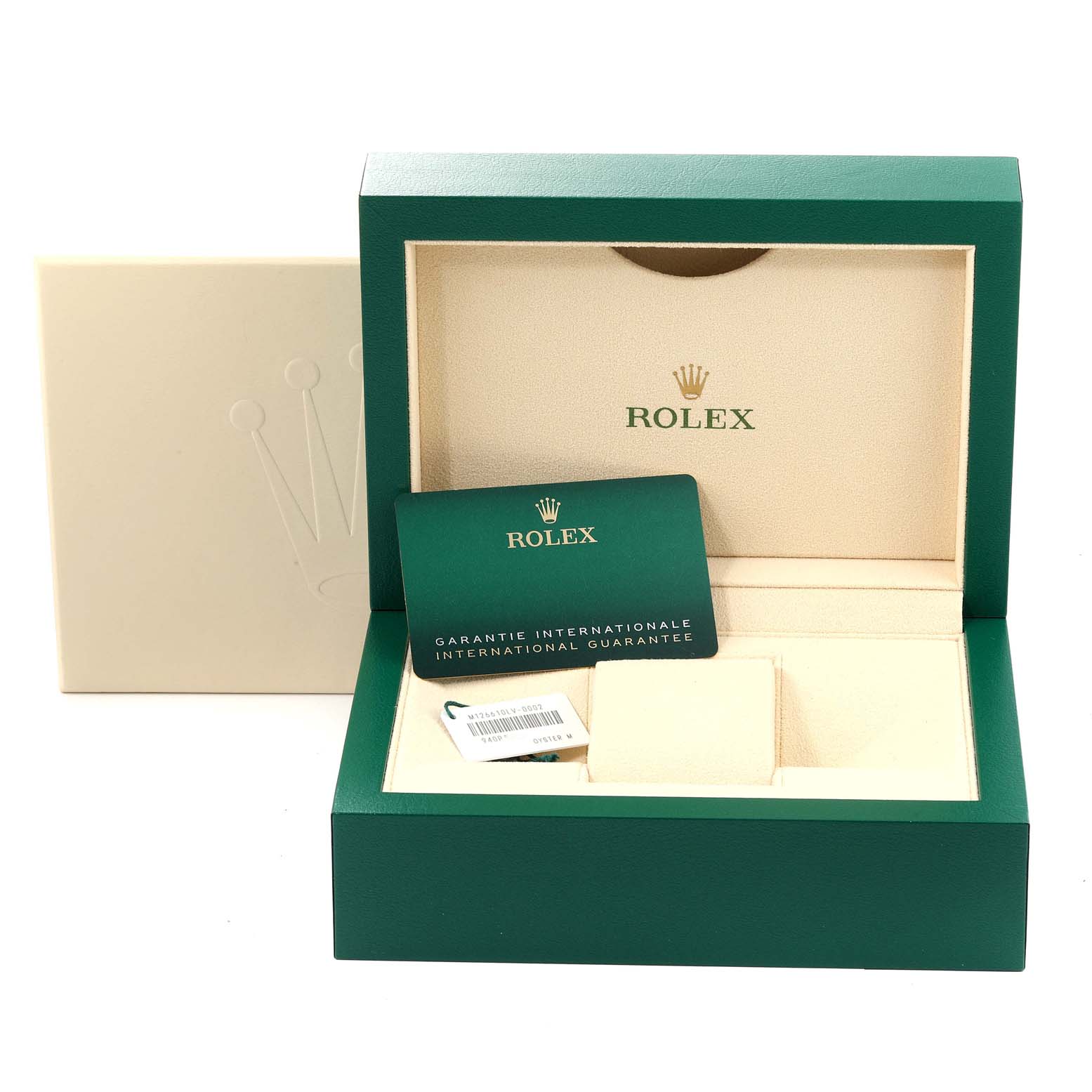The image shows a Rolex Submariner 126610LV Men's Stainless Steel Black Dial 126610LV Men's Stainless Steel Black Dial watch box and warranty card from a front angle.