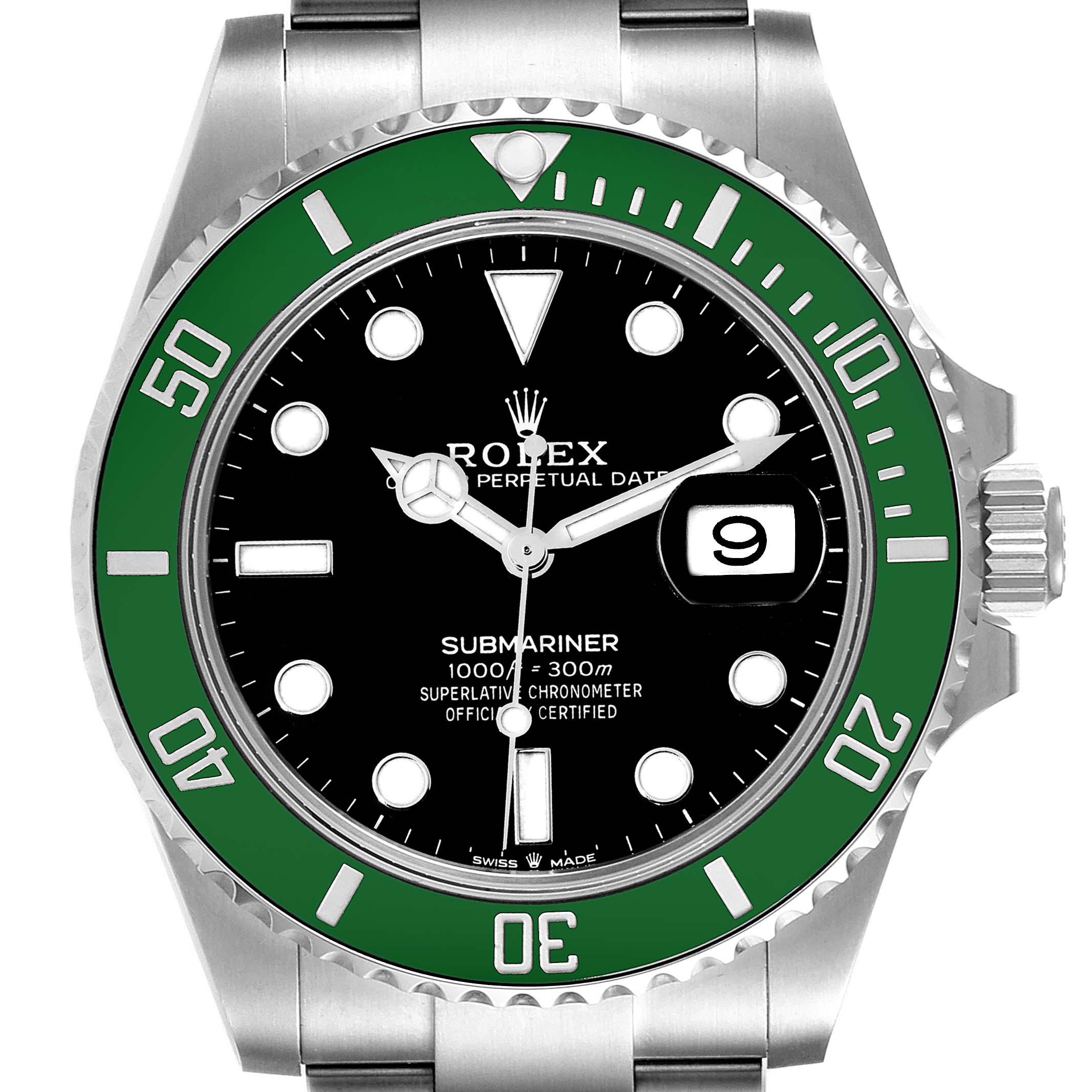 This image features a front view of a Rolex Submariner 126610LV Men's Stainless Steel Black Dial 126610LV Men's Stainless Steel Black Dial showing the dial, bezel, and part of the bracelet.