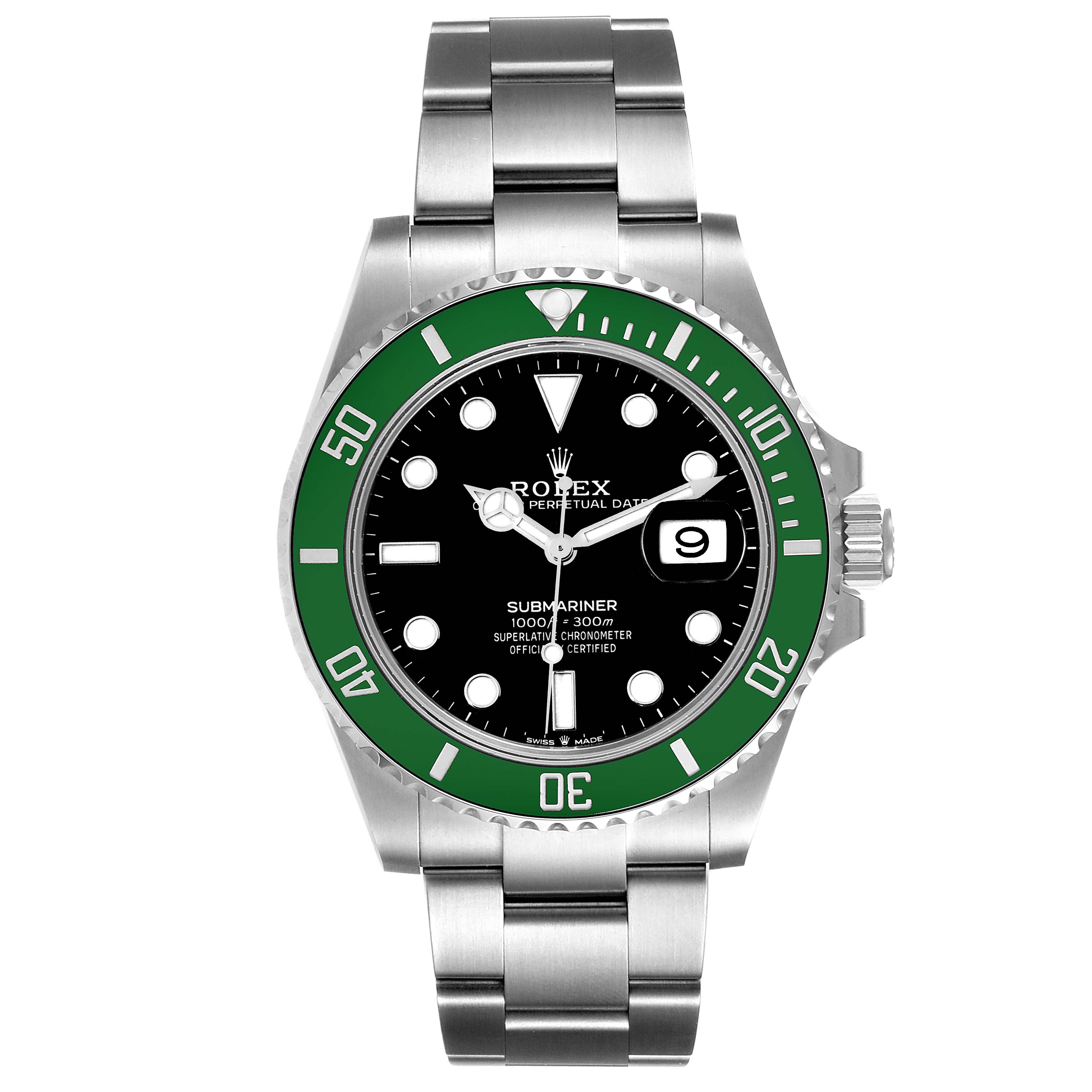 The image shows a front view of a Rolex Submariner 126610LV Men's Stainless Steel Black Dial 126610LV Men's Stainless Steel Black Dial watch with a green bezel and black dial.