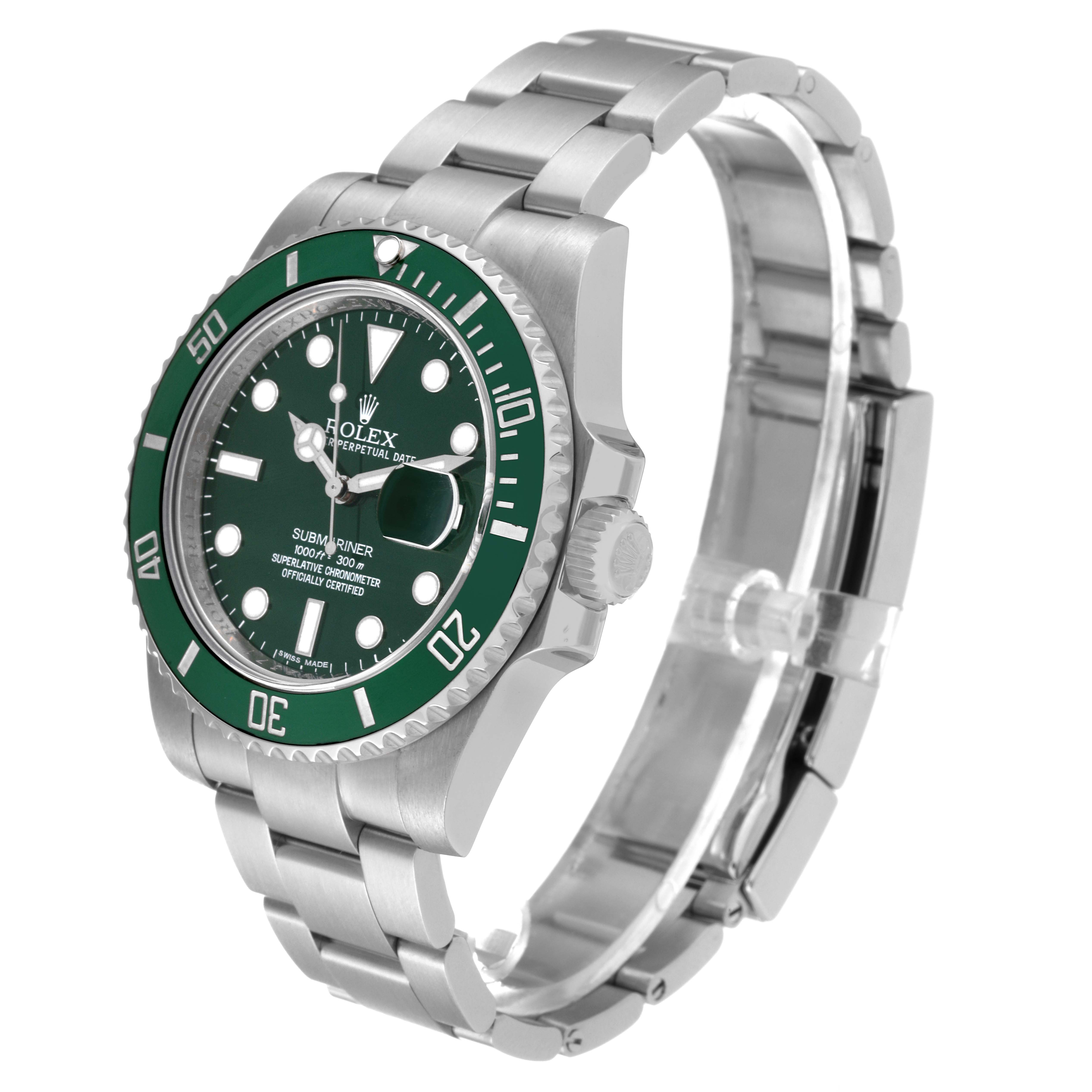 The Rolex Submariner 116610LV Men
s Stainless Steel Green Dial 116610LV Men
s Stainless Steel Green Dial watch is shown at an angled side view, highlighting its bezel, dial, crown, and bracelet.