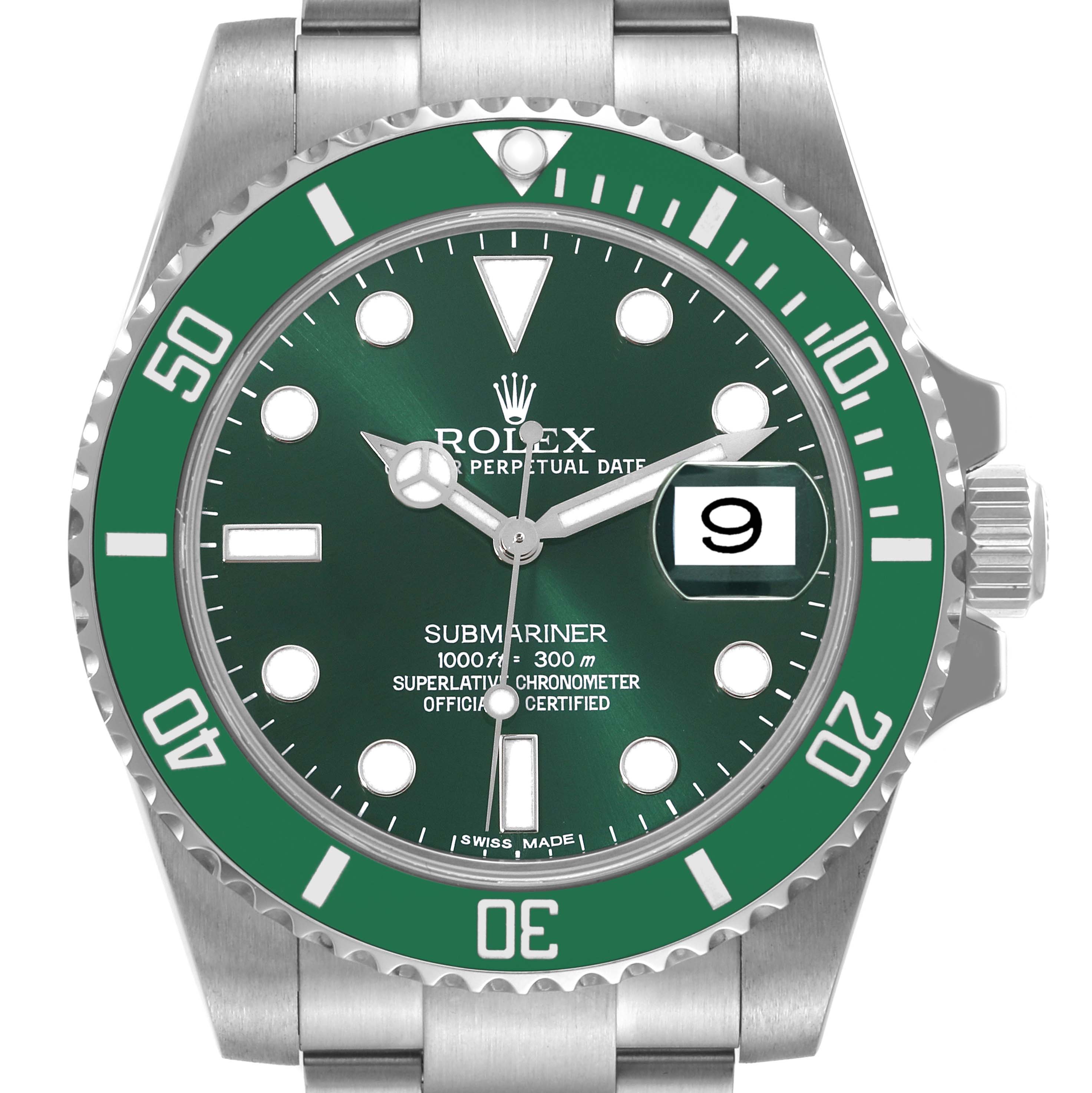 The image shows a front view of a Rolex Submariner 116610LV Men
s Stainless Steel Green Dial 116610LV Men
s Stainless Steel Green Dial watch, highlighting the green dial, date window, and stainless steel case and bezel.