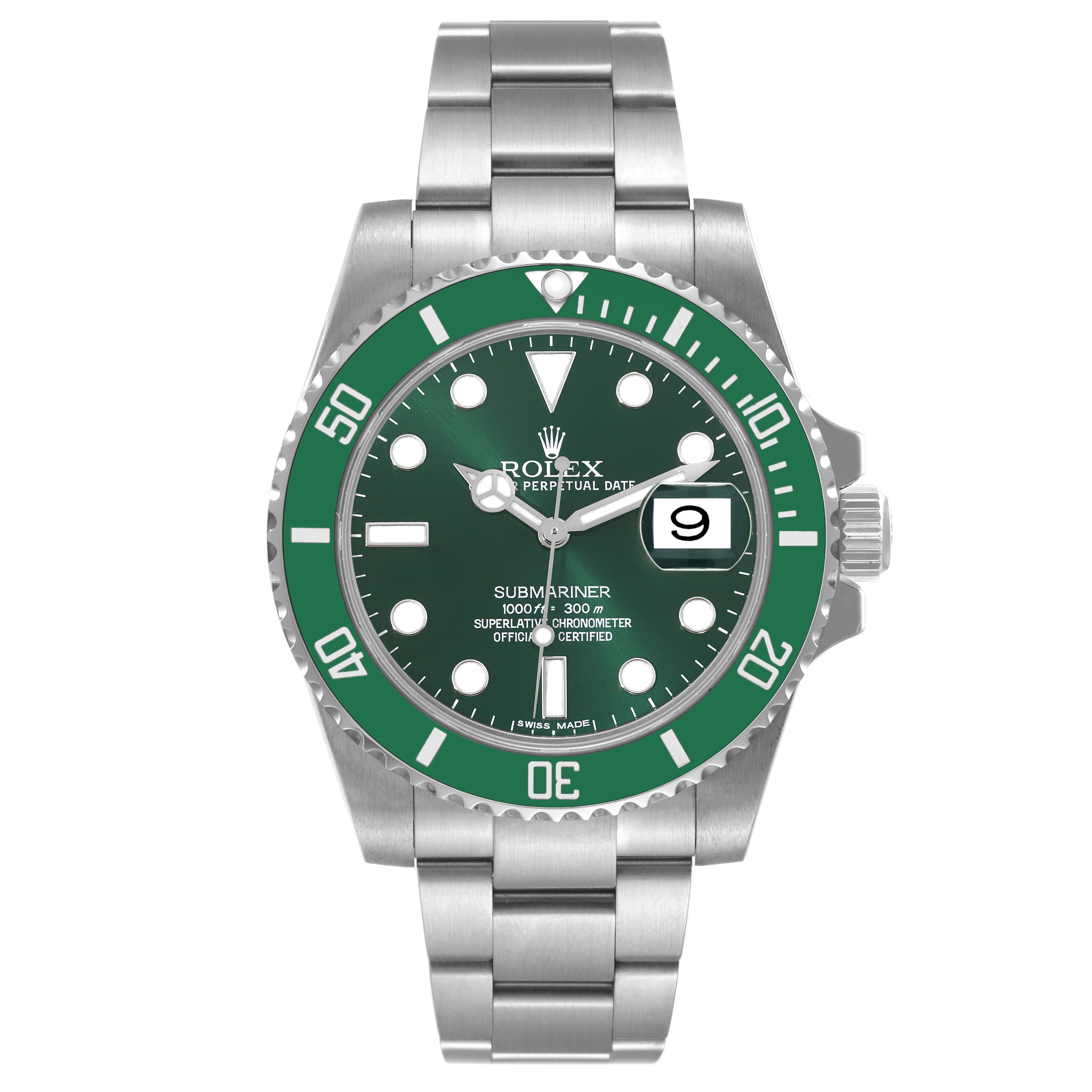 The image shows a frontal view of a Rolex Submariner 116610LV Men
s Stainless Steel Green Dial 116610LV Men
s Stainless Steel Green Dial watch, detailing the green bezel, dial, and bracelet.