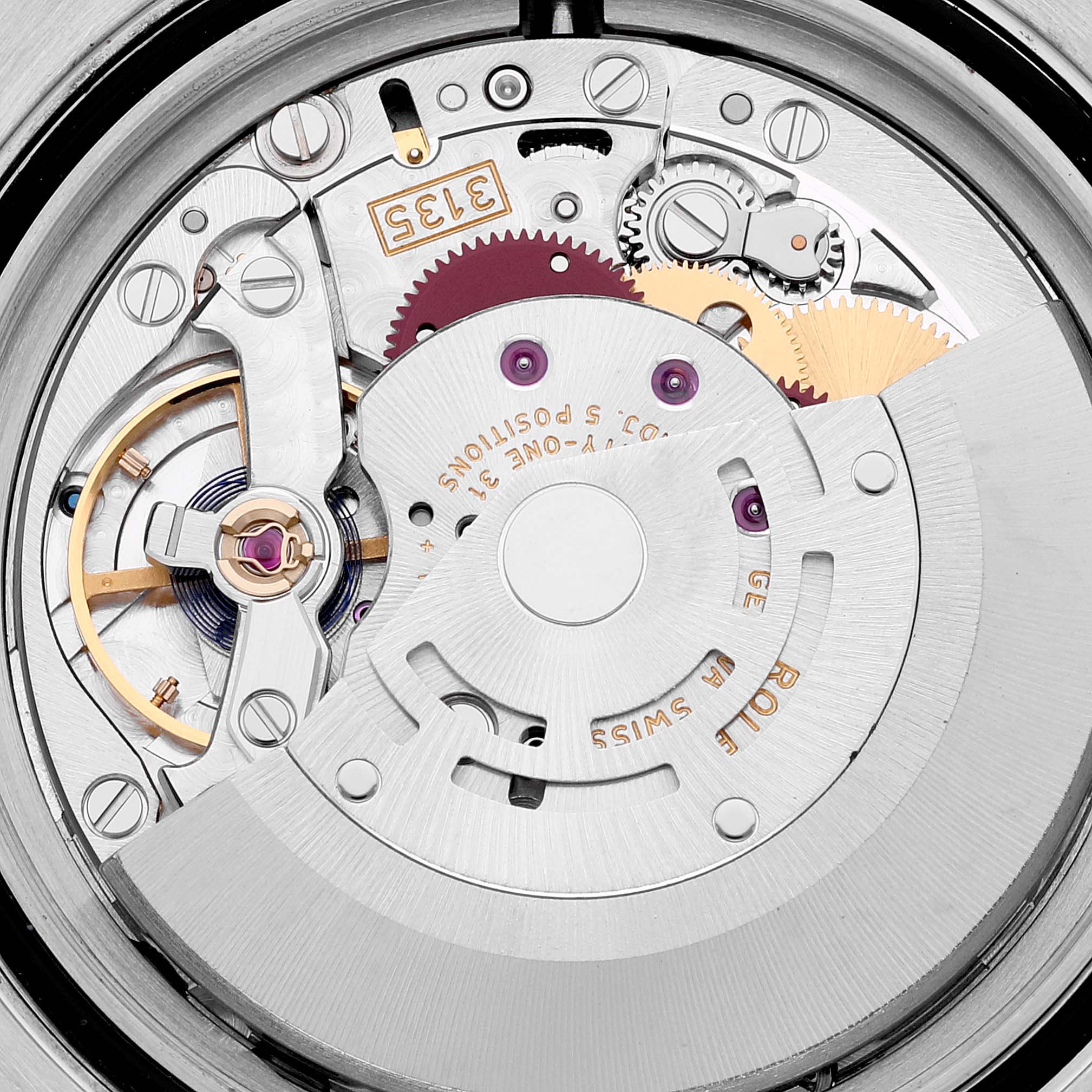 This image shows a close-up of the movement mechanism inside a Rolex Submariner 116610LV Men
s Stainless Steel Green Dial 116610LV Men
s Stainless Steel Green Dial watch.