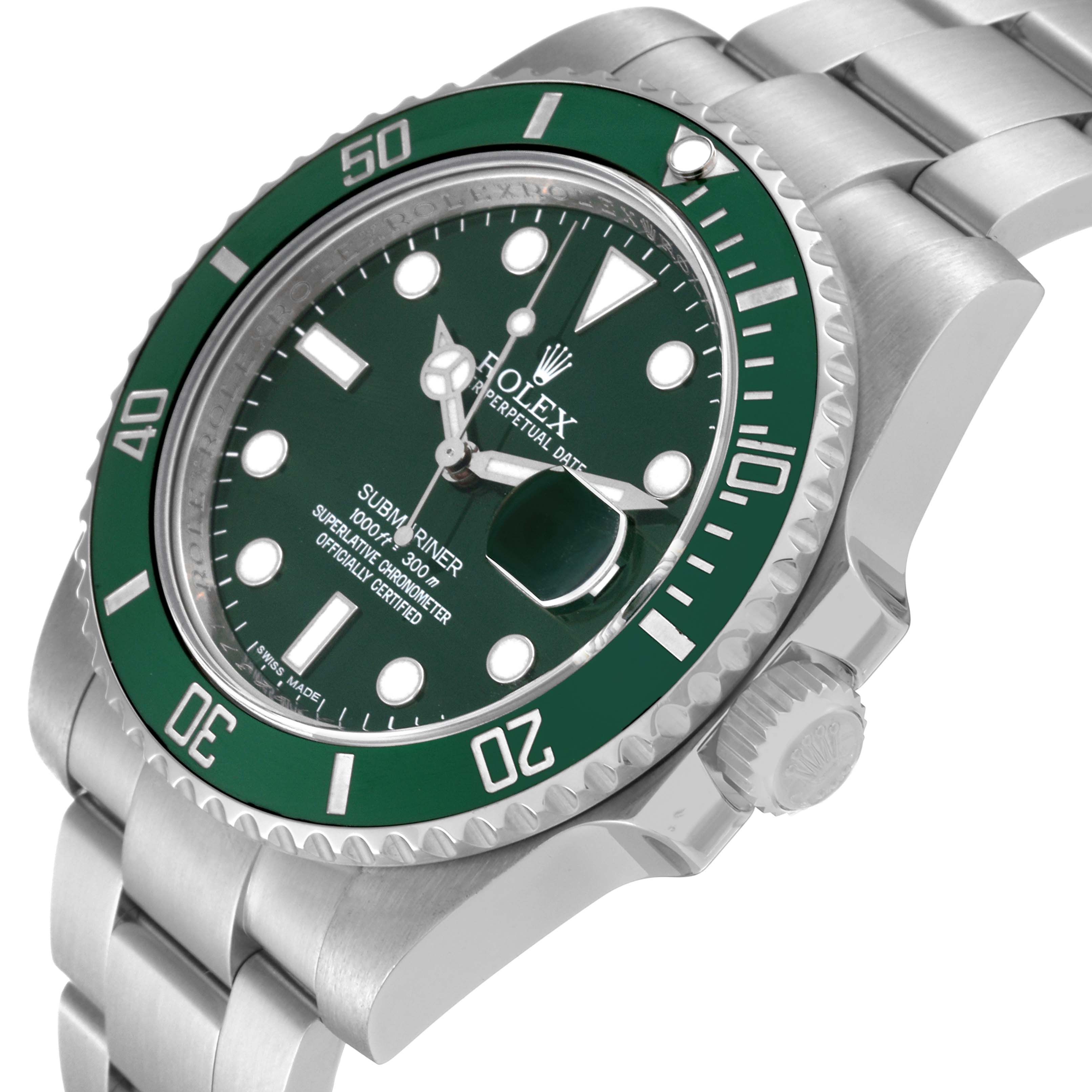 The image shows a close-up angled view of the Rolex Submariner 116610LV Men
s Stainless Steel Green Dial 116610LV Men
s Stainless Steel Green Dial watch, highlighting the bezel, dial, crown, and bracelet.