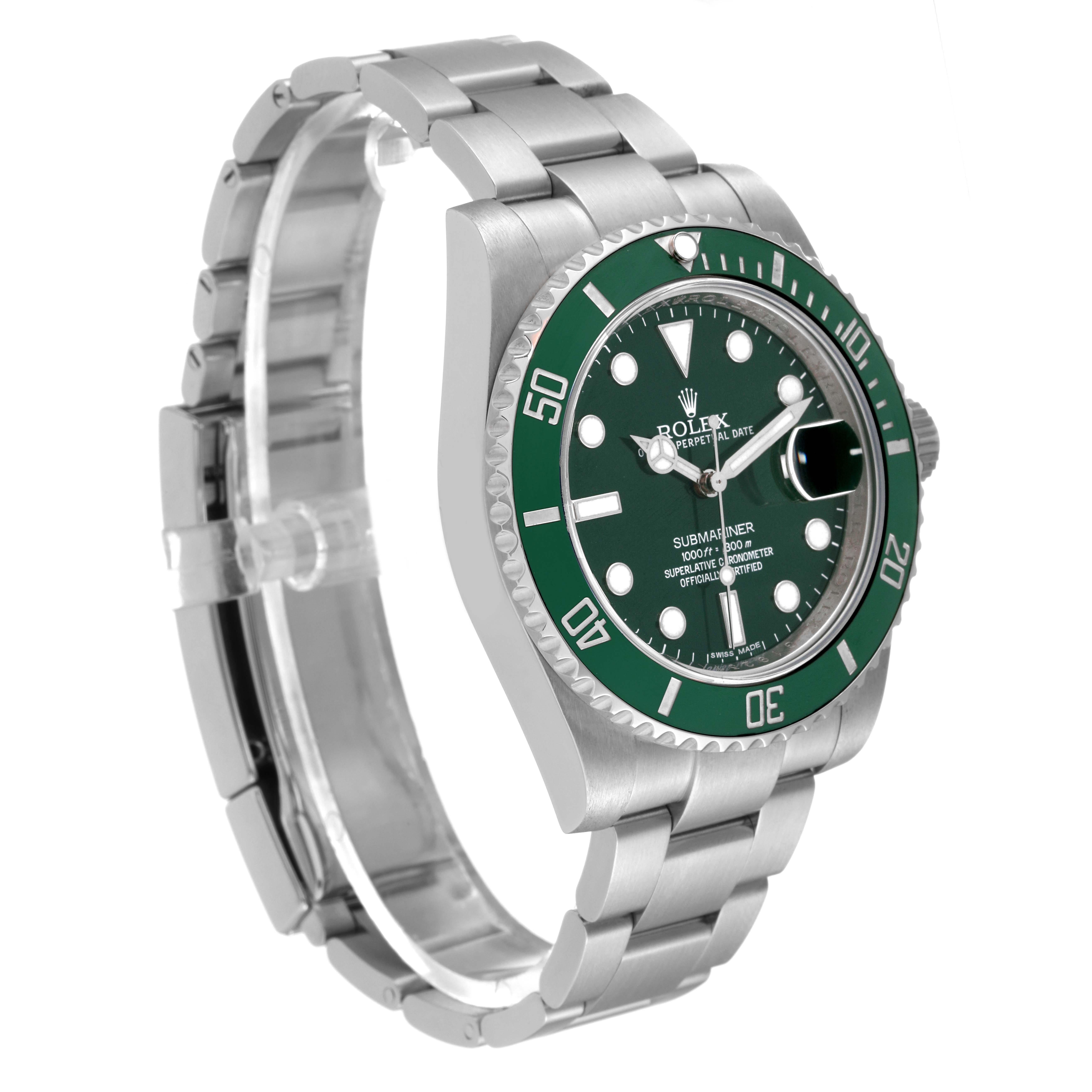 The image shows a side angled view of the Rolex Submariner 116610LV Men
s Stainless Steel Green Dial 116610LV Men
s Stainless Steel Green Dial watch, displaying the bracelet, bezel, and dial.