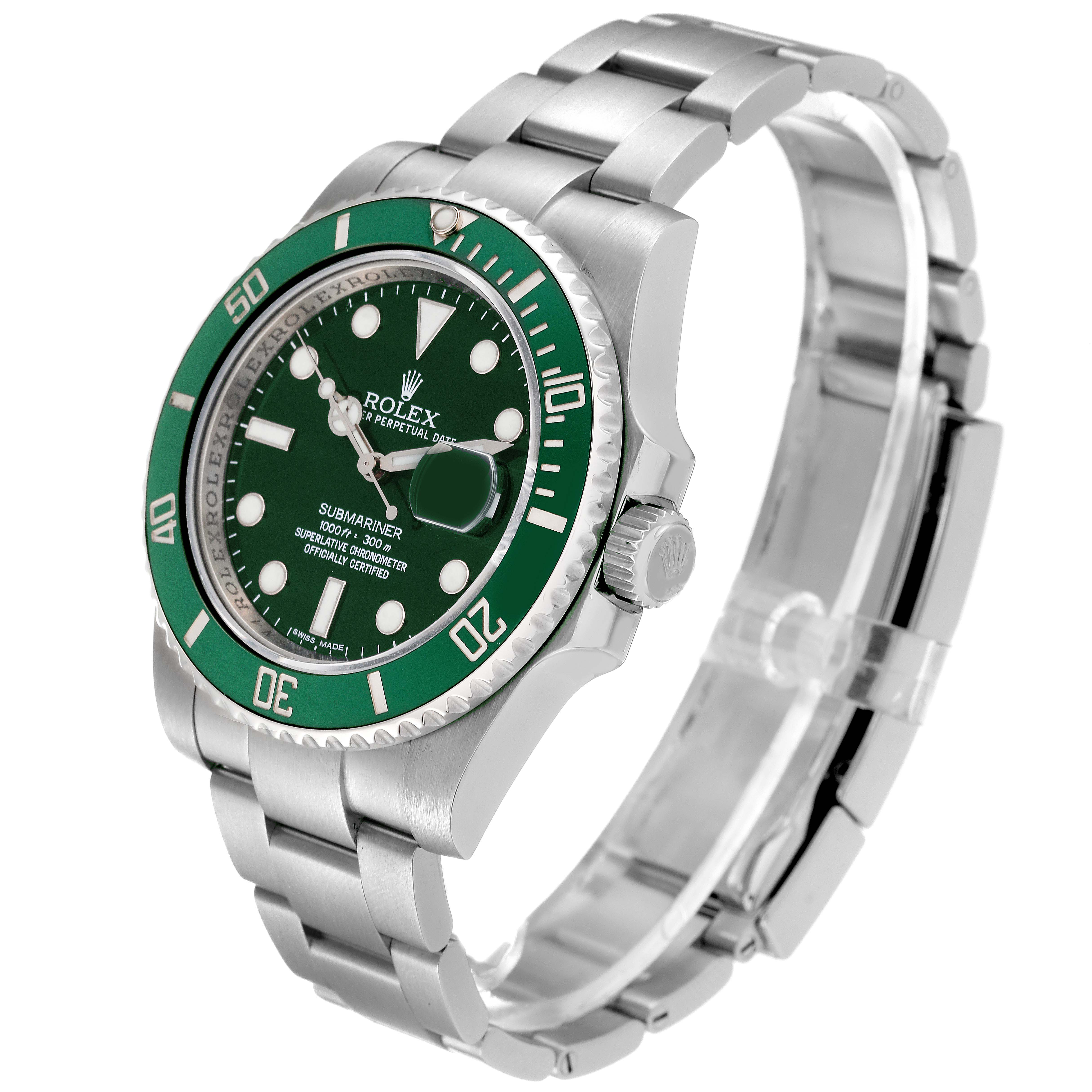The image shows a side-angle view of a Rolex Submariner 116610LV Men
s Stainless Steel Green Dial 116610LV Men
s Stainless Steel Green Dial watch, highlighting the dial, bezel, crown, and bracelet.