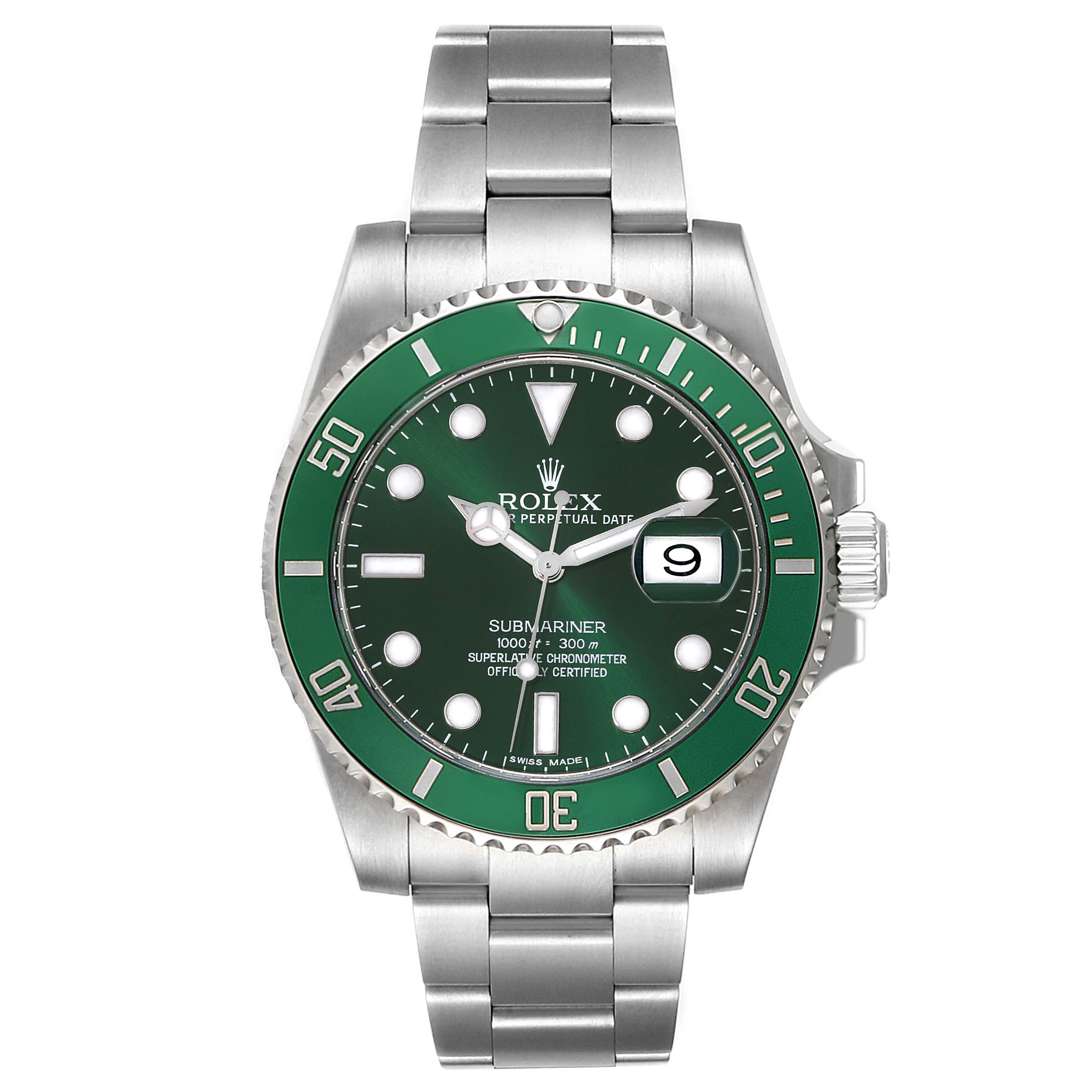 The image shows a front view of a Rolex Submariner 116610LV Men
s Stainless Steel Green Dial 116610LV Men
s Stainless Steel Green Dial watch with a green bezel and dial, and a stainless steel bracelet.