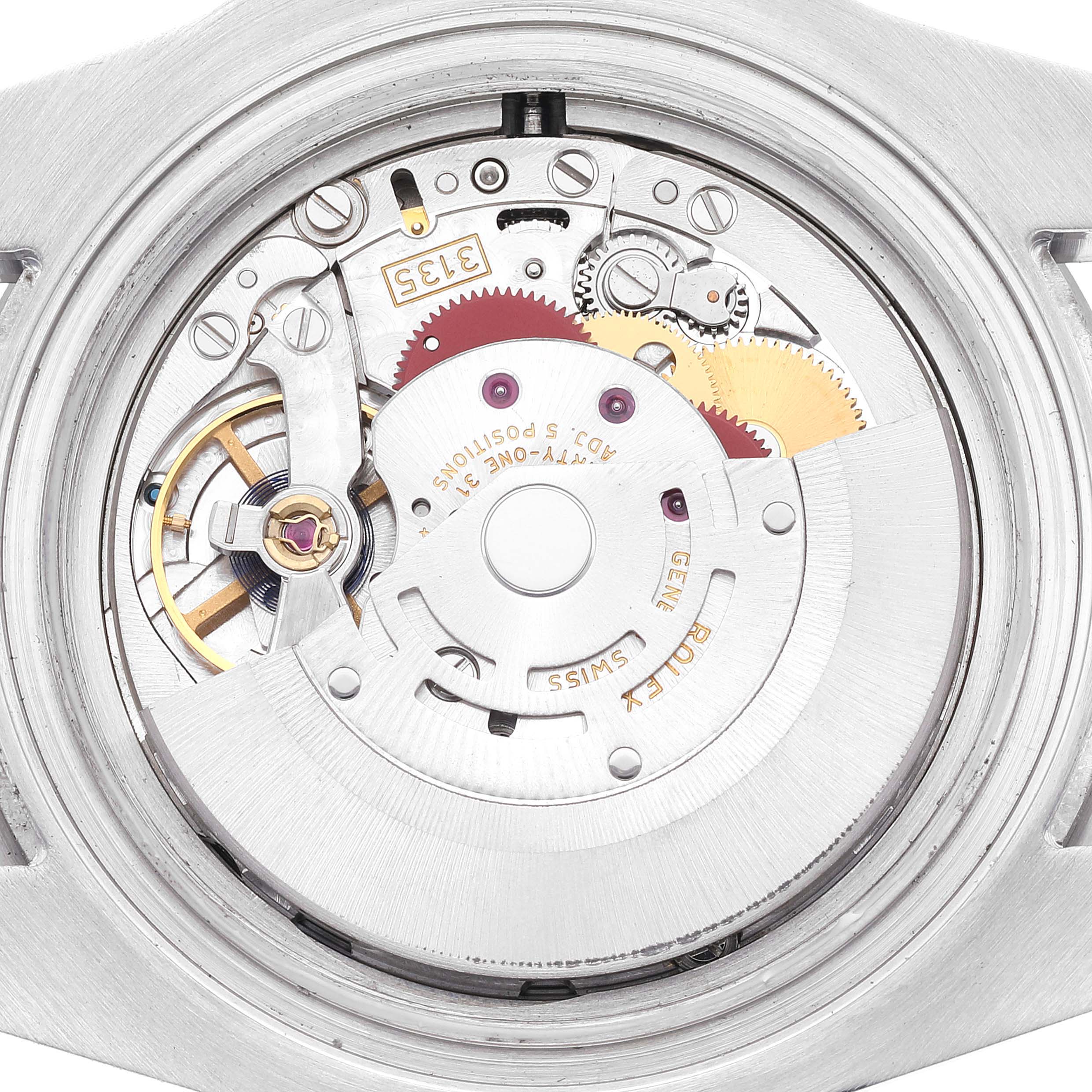 The image shows the back view of a Rolex Submariner 116610LV Men
s Stainless Steel Green Dial 116610LV Men
s Stainless Steel Green Dial watch with the inner mechanical movement components visible.