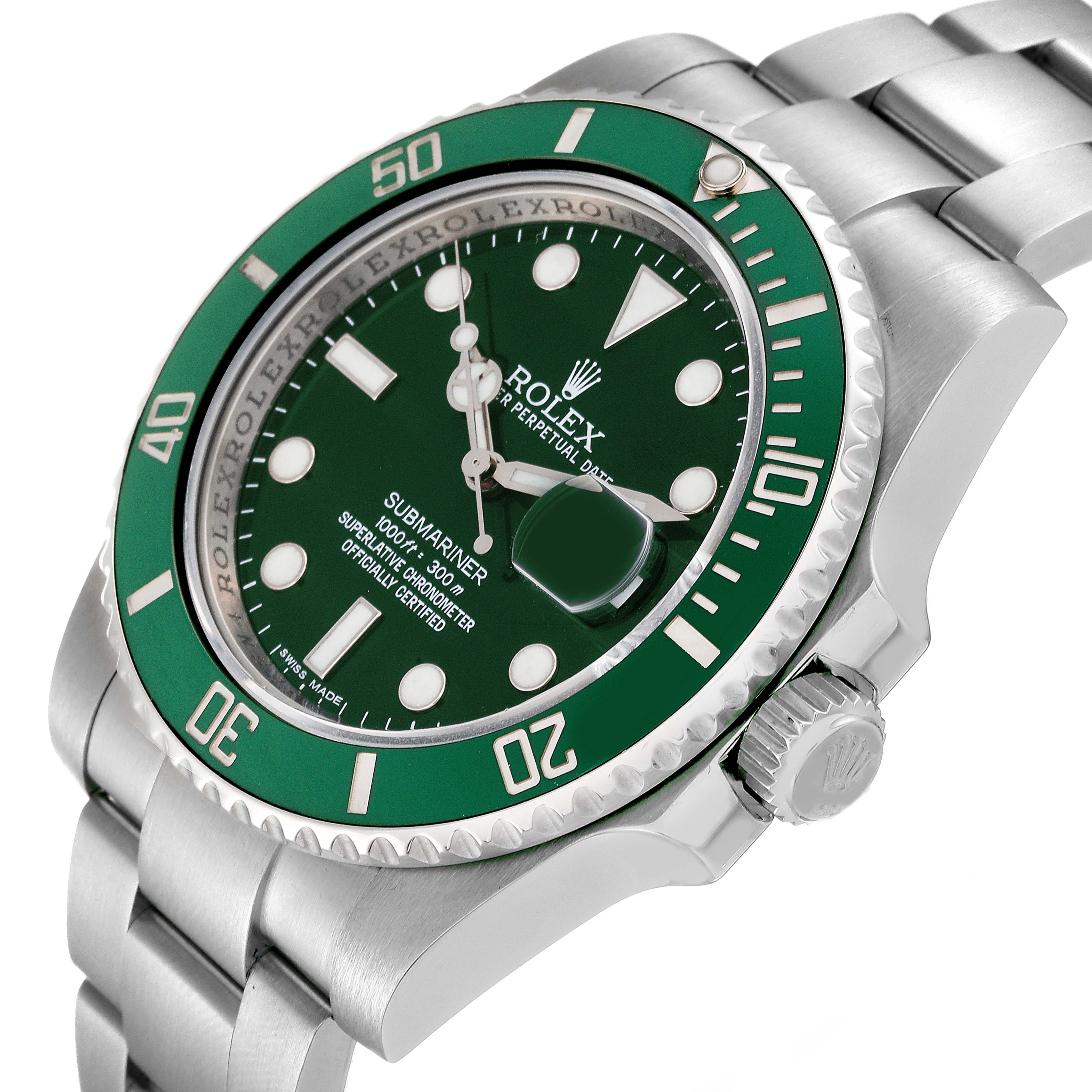 The image shows a Rolex Submariner 116610LV Men
s Stainless Steel Green Dial 116610LV Men
s Stainless Steel Green Dial watch from a slightly angled perspective, highlighting the green bezel, dial, and part of the stainless steel bracelet.