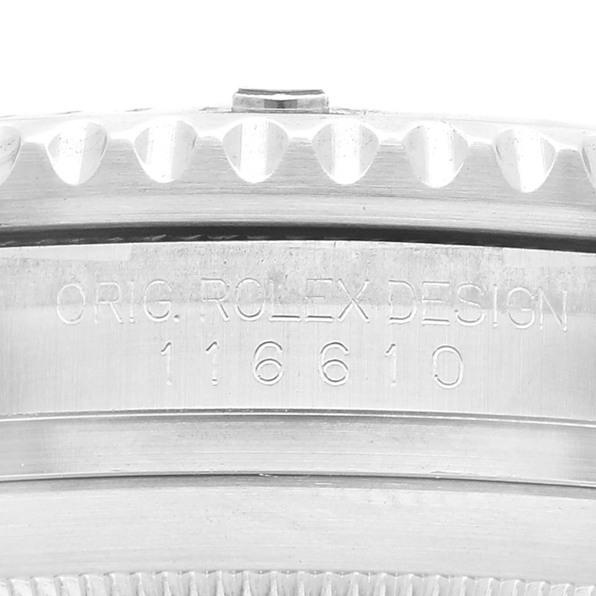 This image shows a close-up of the case side engraving on a Rolex Submariner 116610LV Men
s Stainless Steel Green Dial 116610LV Men
s Stainless Steel Green Dial model watch.