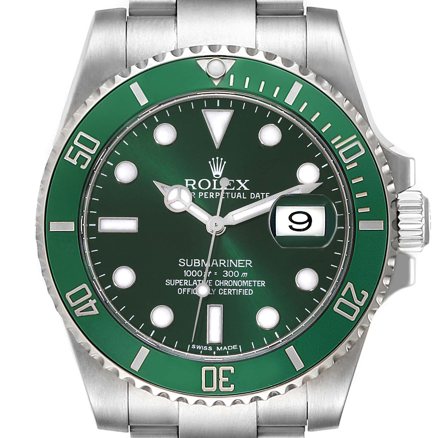 This image shows a front view of the Rolex Submariner 116610LV Men
s Stainless Steel Green Dial 116610LV Men
s Stainless Steel Green Dial watch, displaying the dial, hands, date window, and bezel.