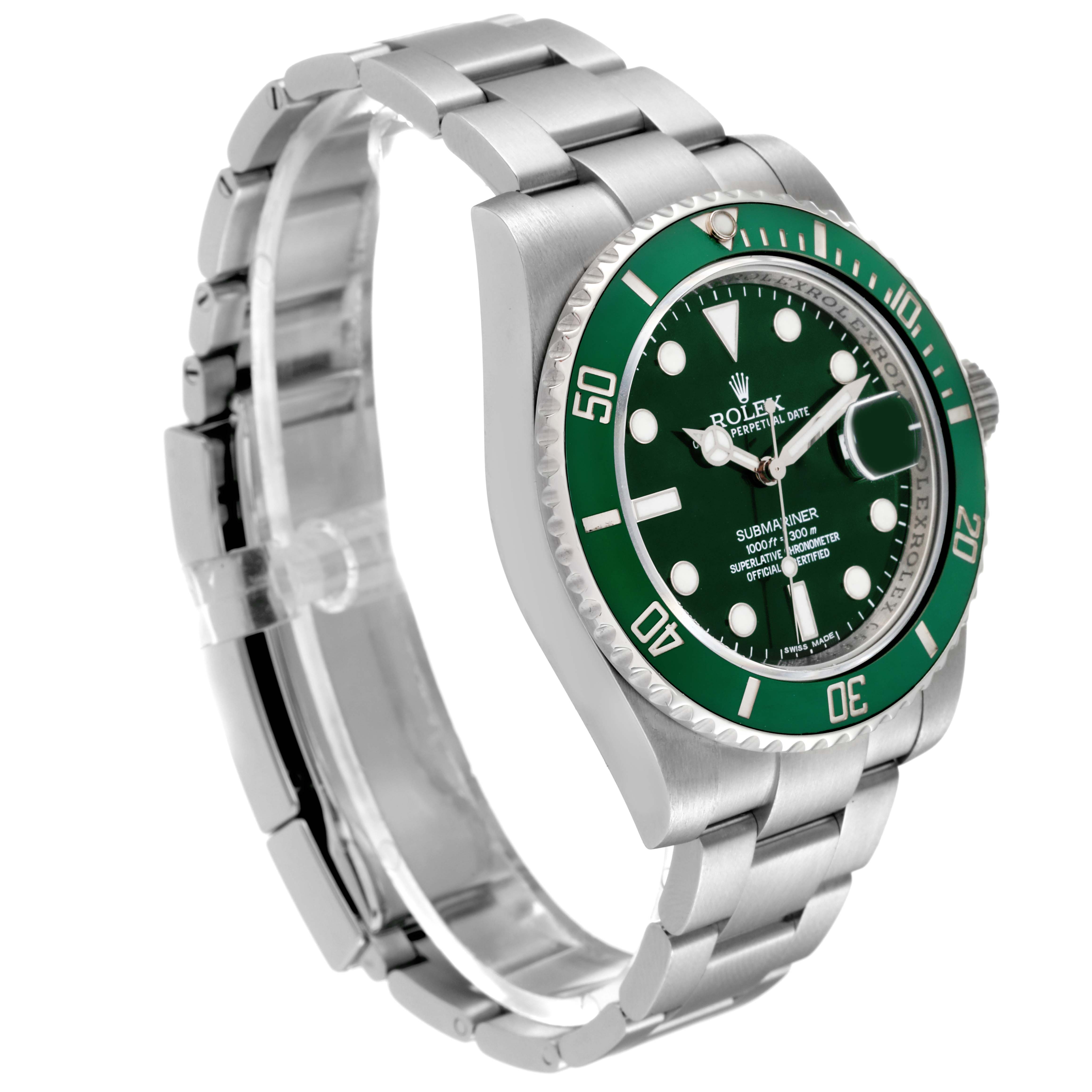 The image shows a side angle of the Rolex Submariner 116610LV Men
s Stainless Steel Green Dial 116610LV Men
s Stainless Steel Green Dial watch, highlighting its green bezel, dial, and stainless steel bracelet.